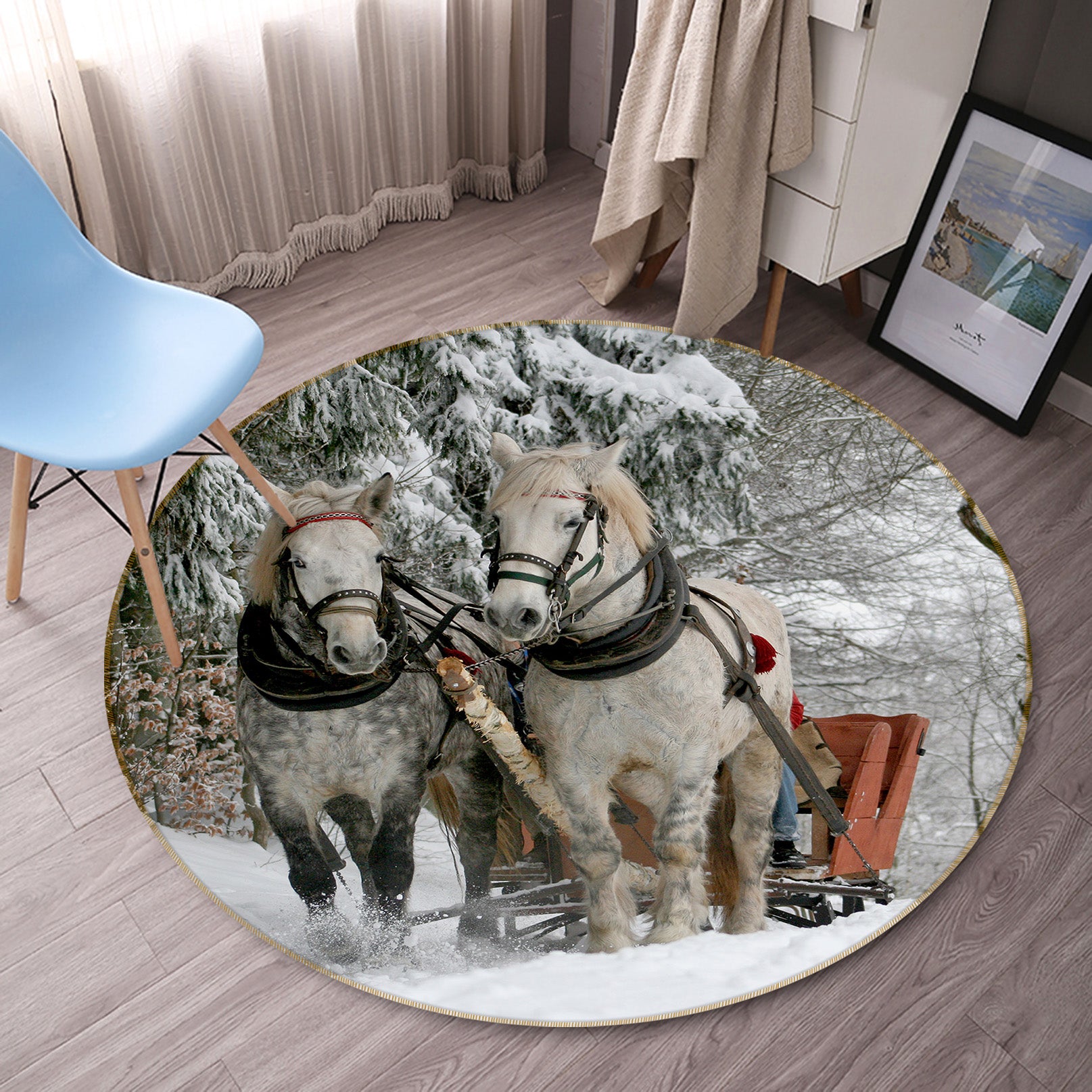 3D Snow Horse 82046 Animal Round Non Slip Rug Mat