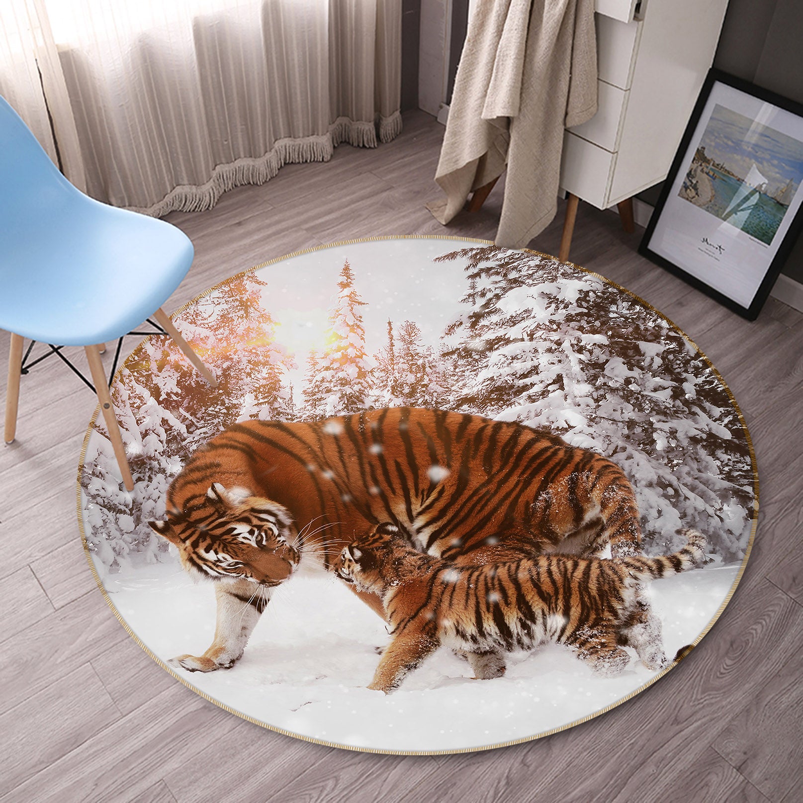 3D Tiger Snowfield 82055 Animal Round Non Slip Rug Mat