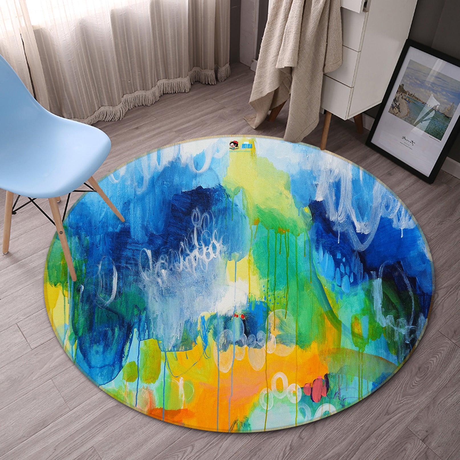 3D Blue Paint 1308 Misako Chida Rug Round Non Slip Rug Mat