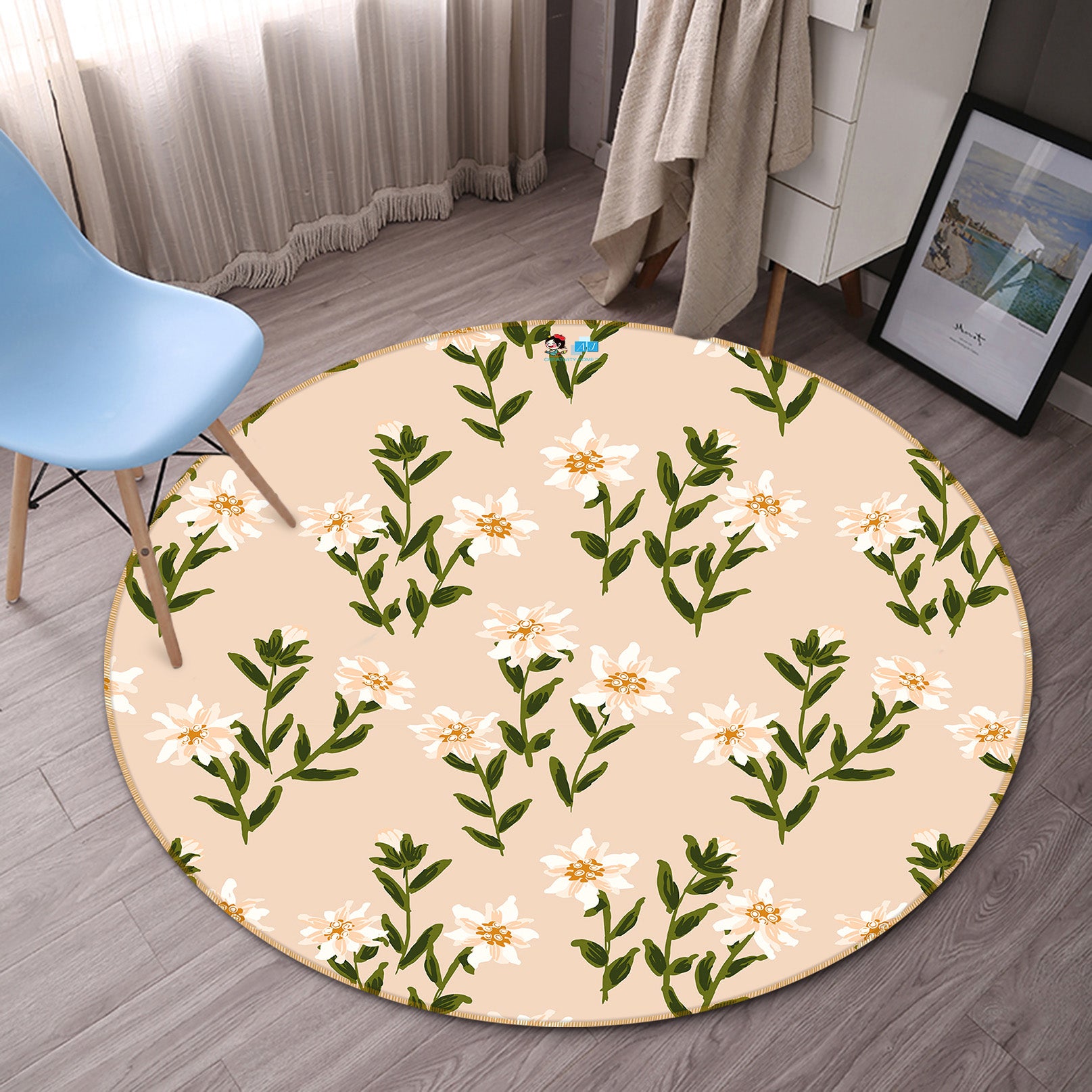 3D White Flower Clusters 10536 Kashmira Jayaprakash Rug Round Non Slip Rug Mat