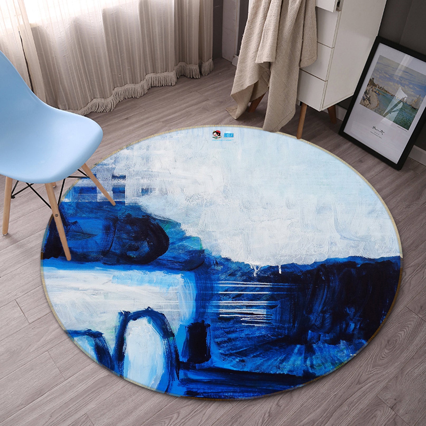 3D Blue Paint 1375 Misako Chida Rug Round Non Slip Rug Mat