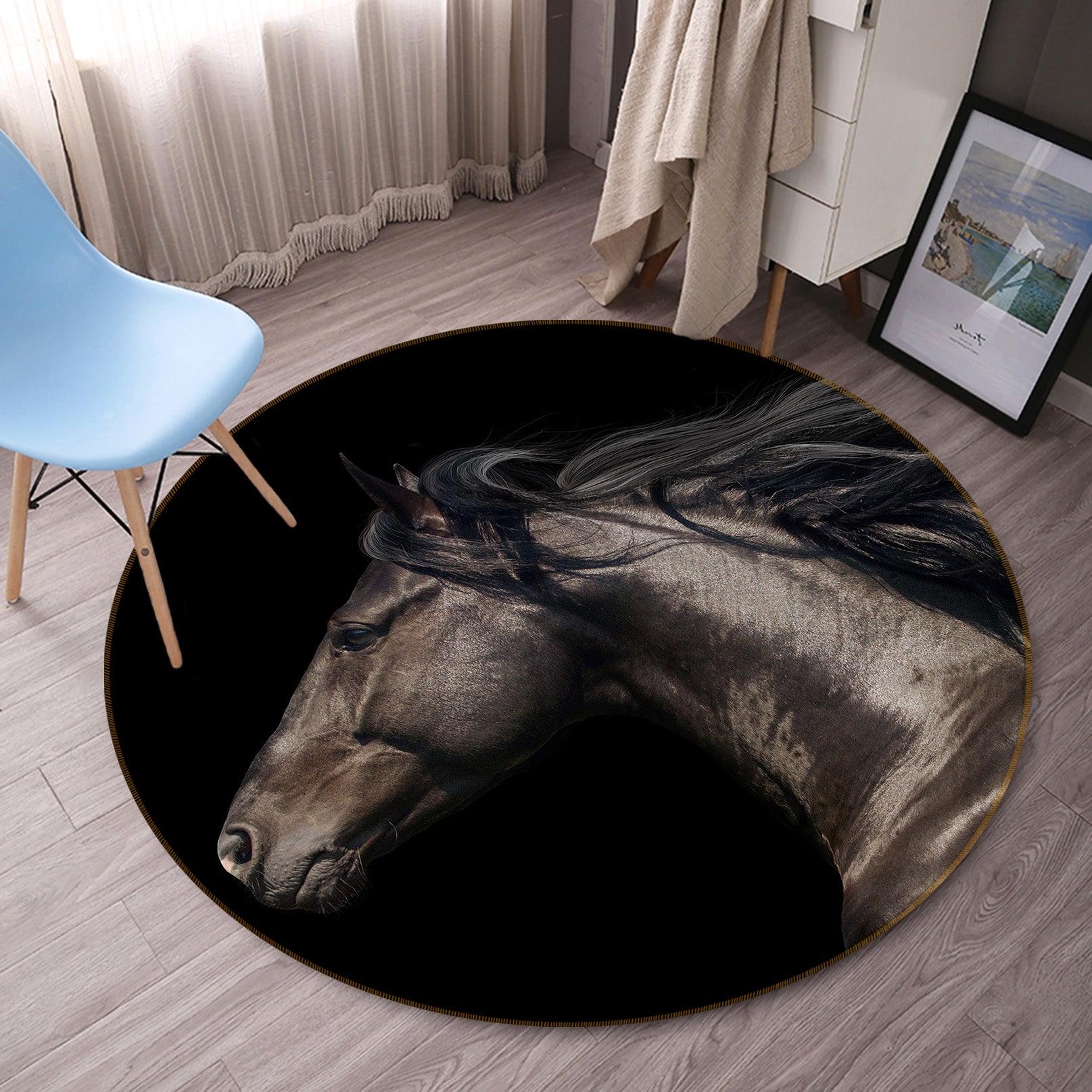 3D Dark Horse 37178 Animal Round Non Slip Rug Mat