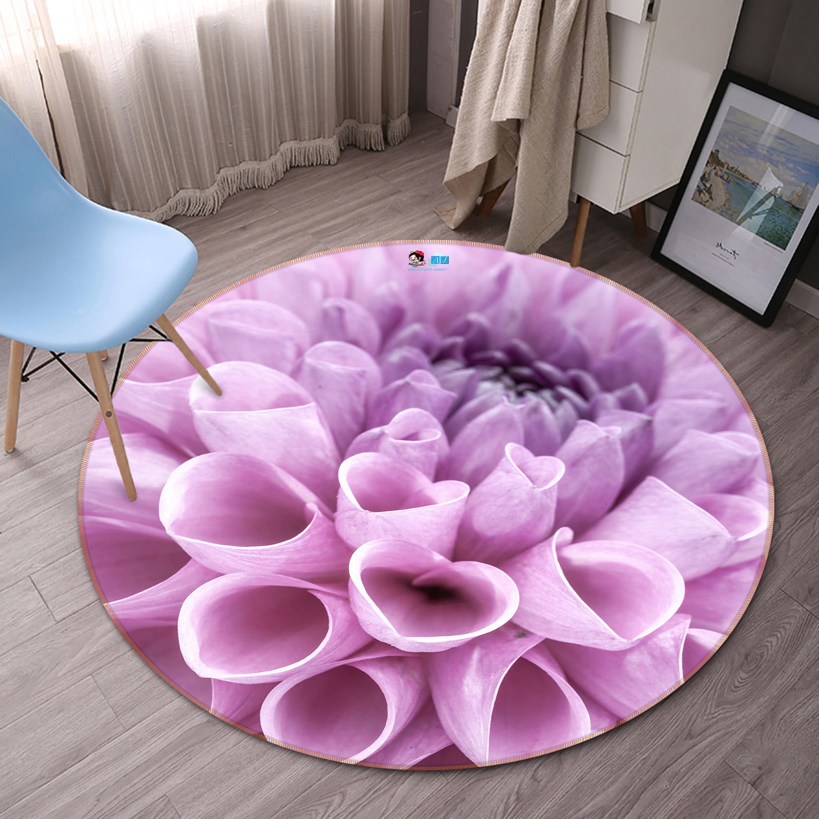 3D Purple Flowers 7330 Assaf Frank Rug Round Non Slip Rug Mat