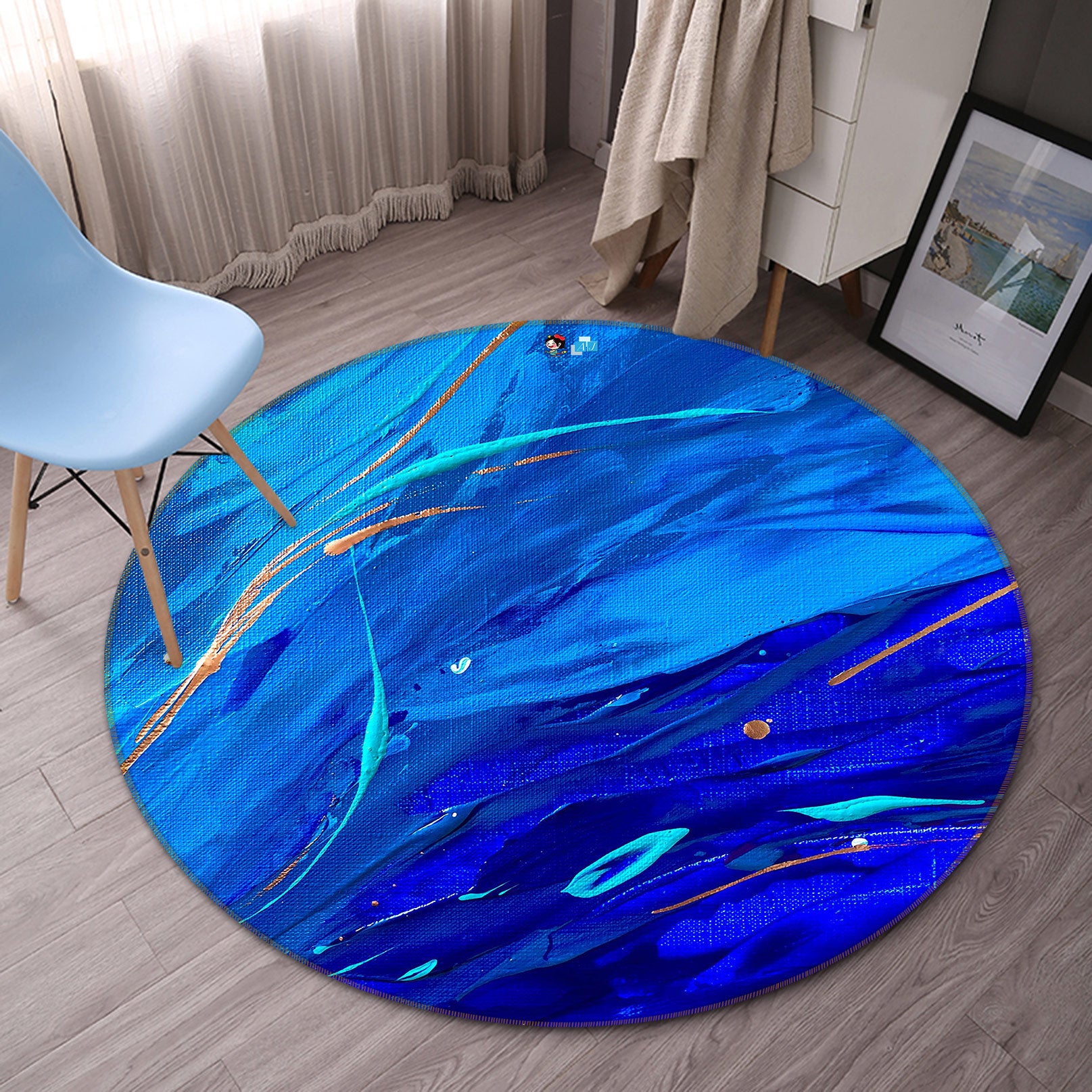 3D Navy Blue 739 Skromova Marina Rug Round Non Slip Rug Mat