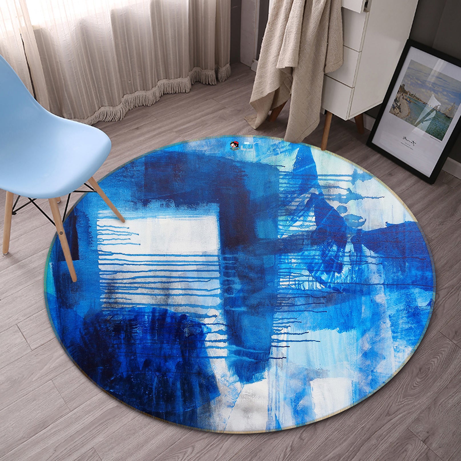 3D Blue Watercolor 4594 Misako Chida Rug Round Non Slip Rug Mat