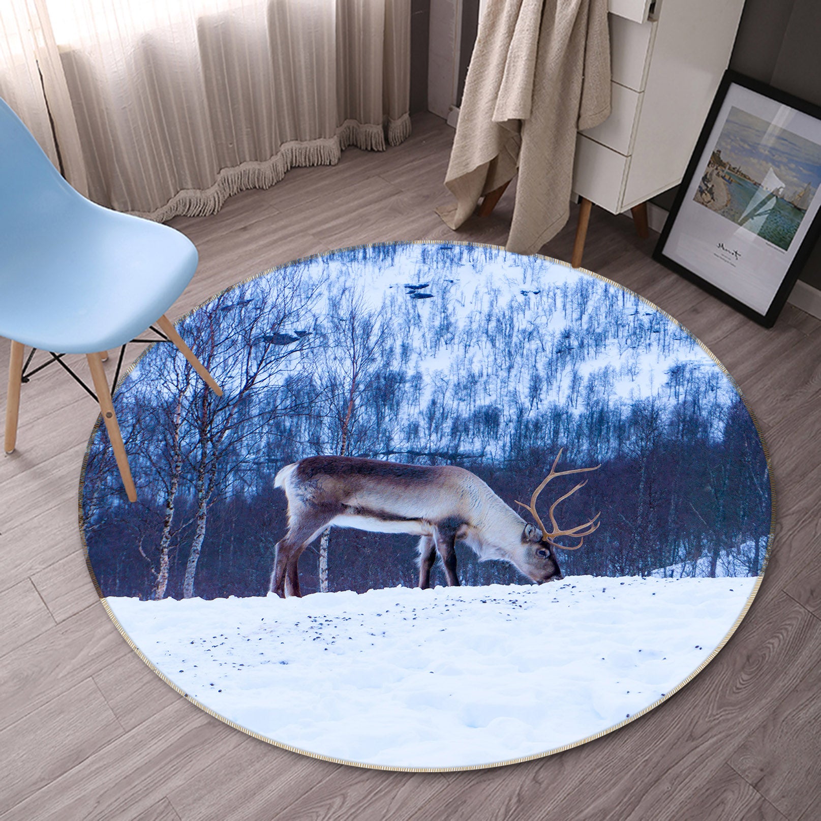 3D Snow Elk 38072 Animal Round Non Slip Rug Mat