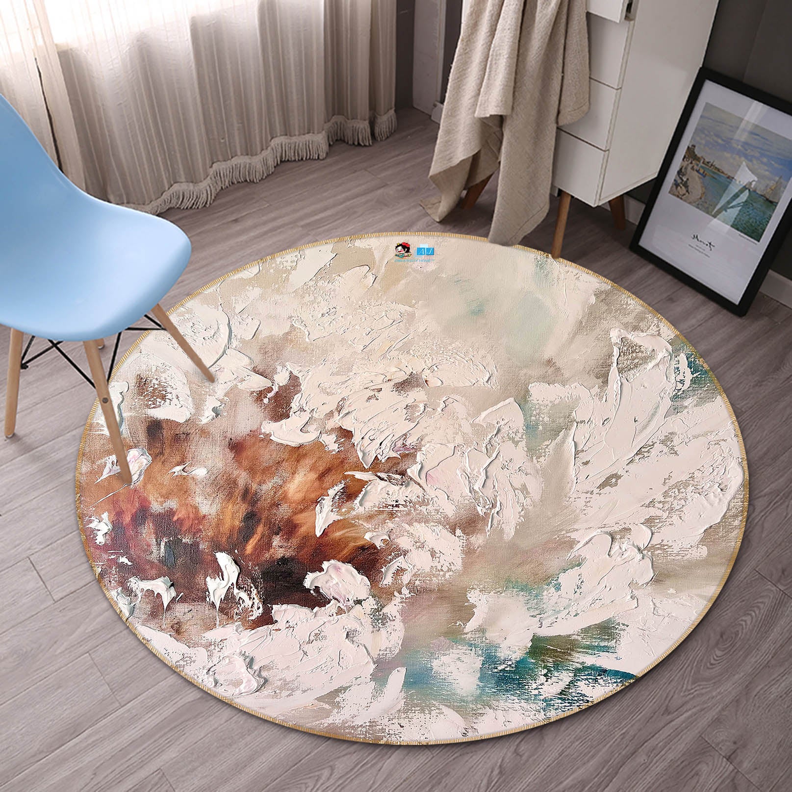 3D White Paint Flower 844 Skromova Marina Rug Round Non Slip Rug Mat