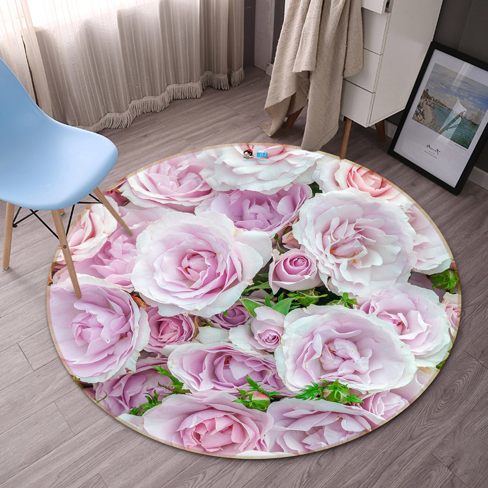 3D Pink Roses 7322 Assaf Frank Rug Round Non Slip Rug Mat