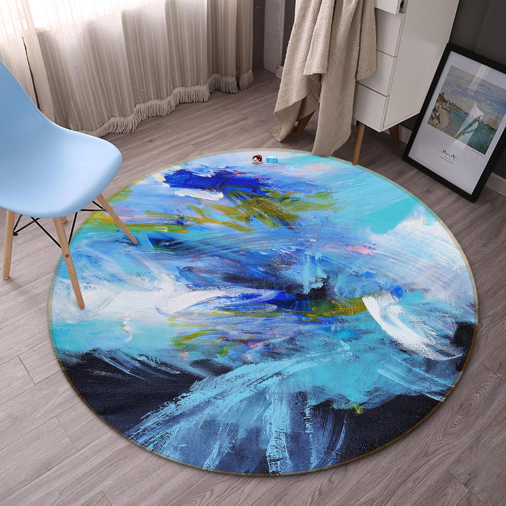 3D Blue Paint 1314 Misako Chida Rug Round Non Slip Rug Mat