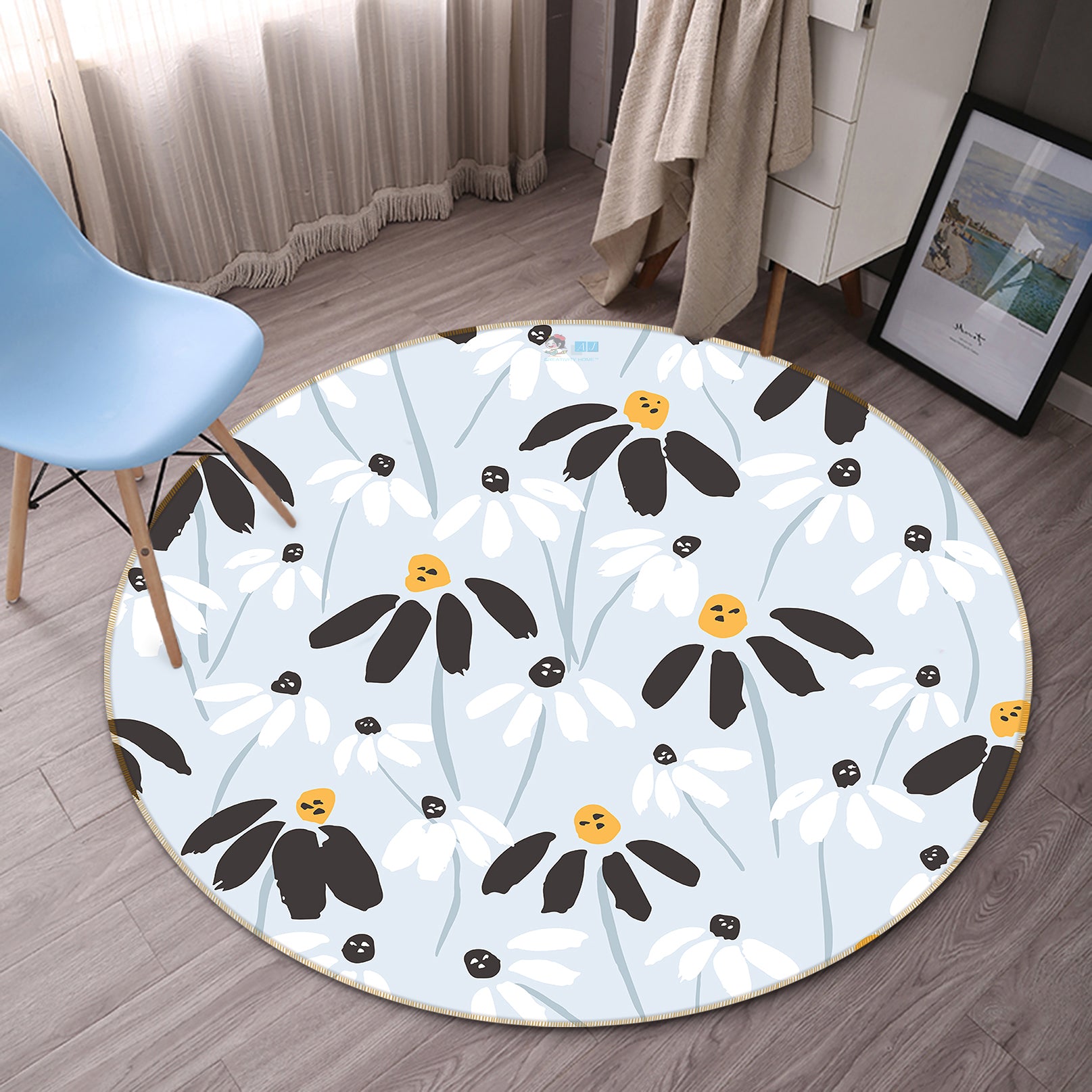 3D Black White Petal Flower 10515 Kashmira Jayaprakash Rug Round Non Slip Rug Mat