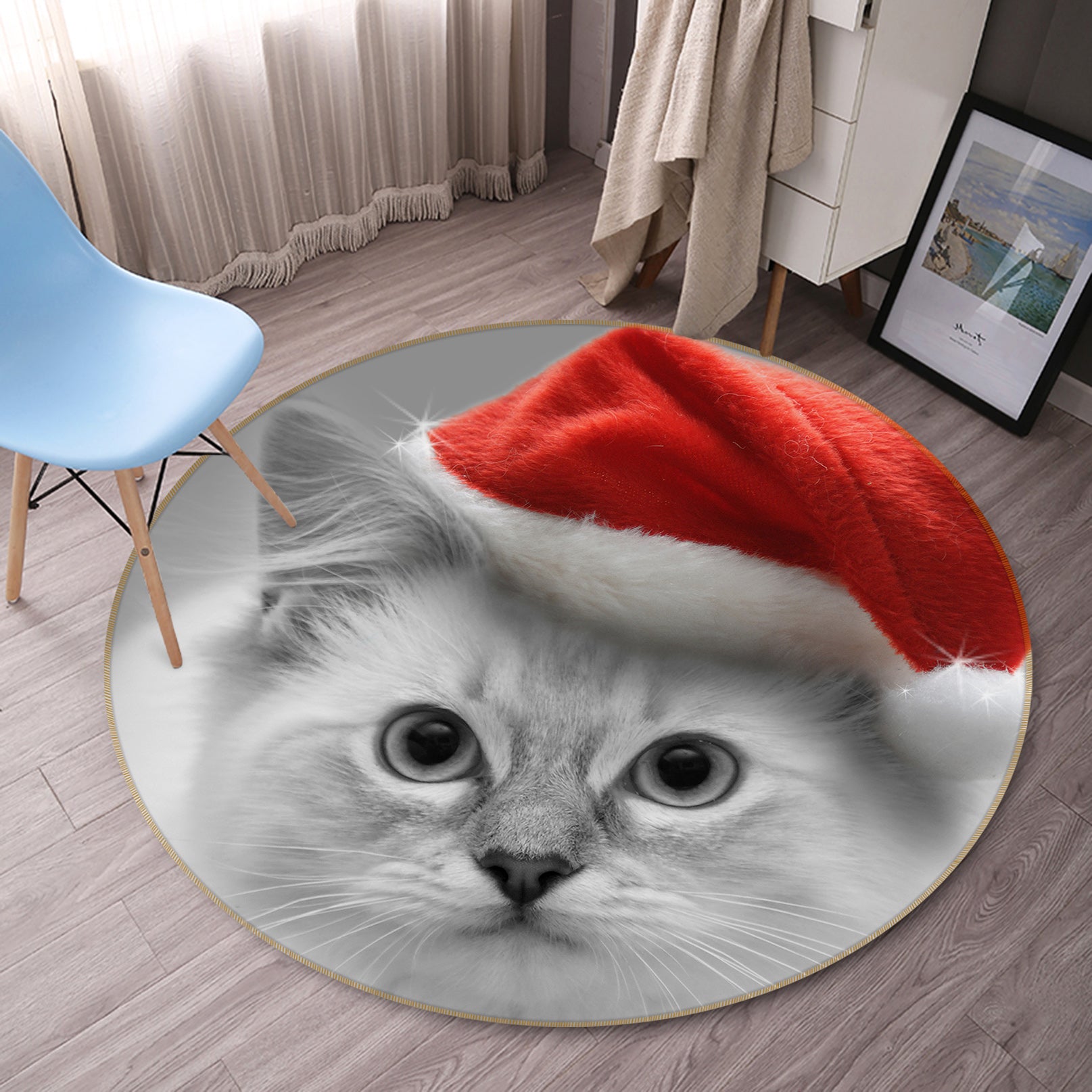 3D Cat Red Hat 82010 Animal Round Non Slip Rug Mat