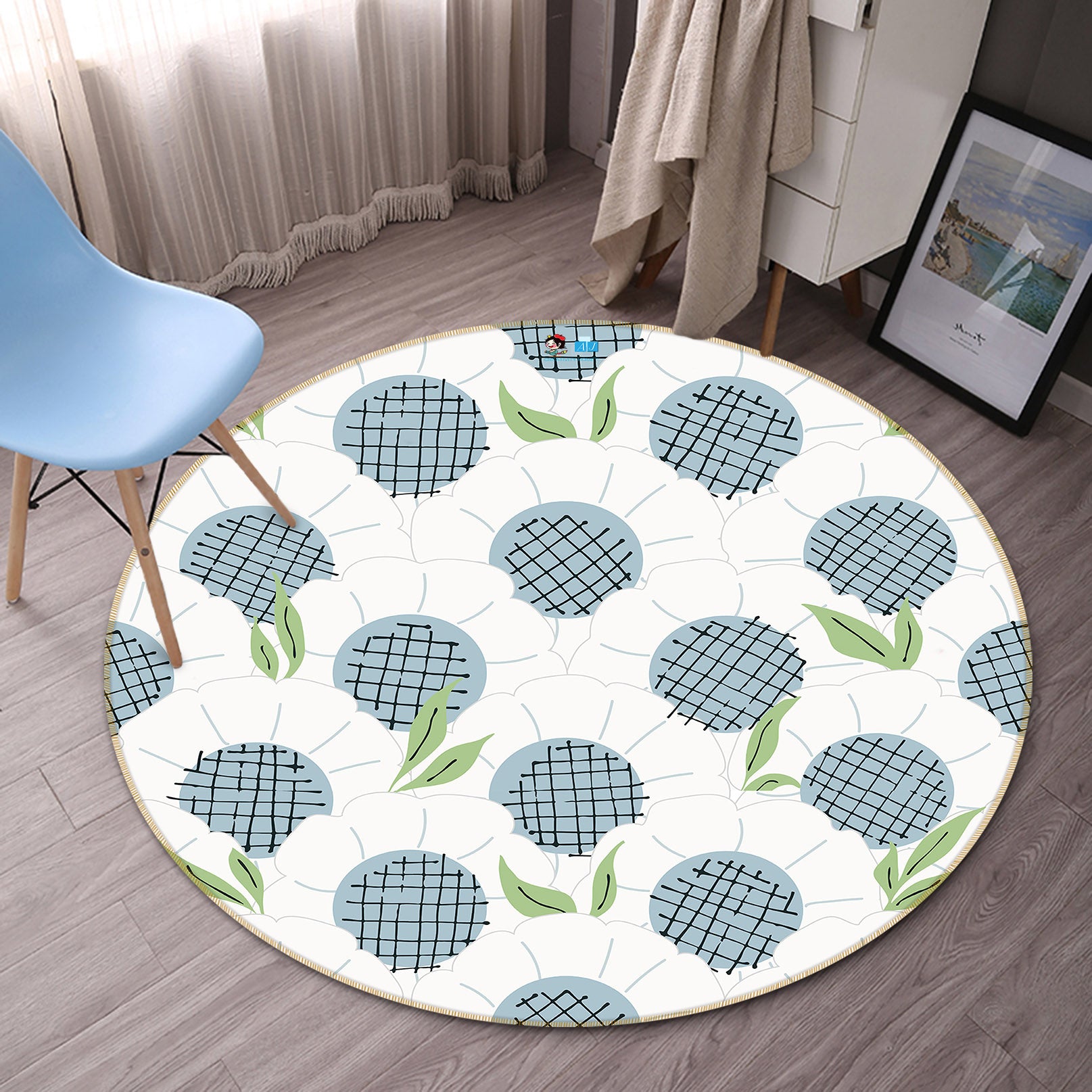 3D White Flowers 10566 Kashmira Jayaprakash Rug Round Non Slip Rug Mat