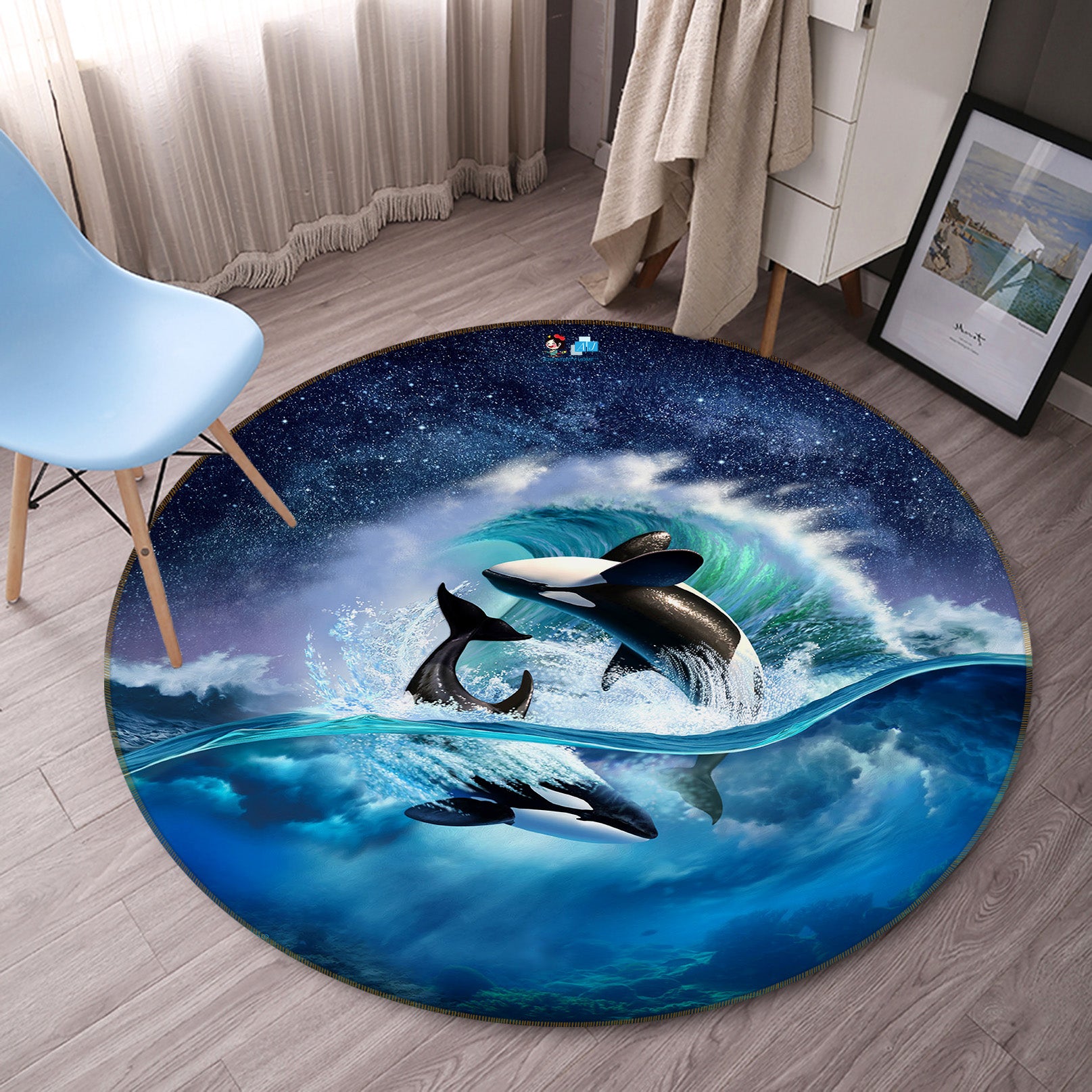 3D Waves Whale 83138 Jerry LoFaro Rug Round Non Slip Rug Mat