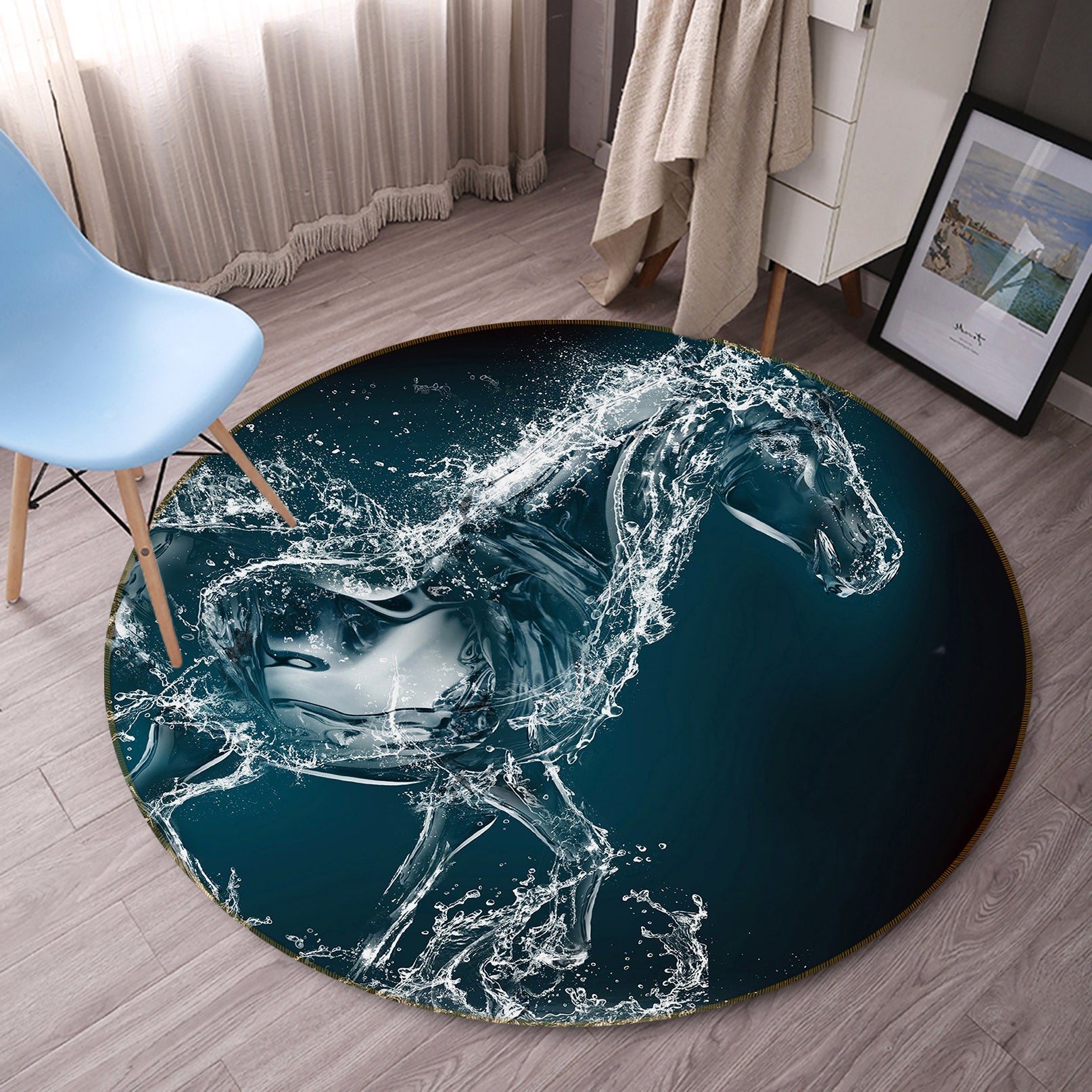 3D Water Horse 82035 Animal Round Non Slip Rug Mat