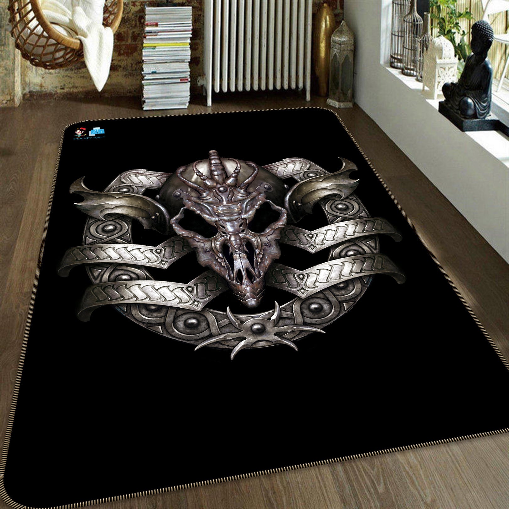 3D Metal Skull 6018 Ciruelo Rug Non Slip Rug Mat