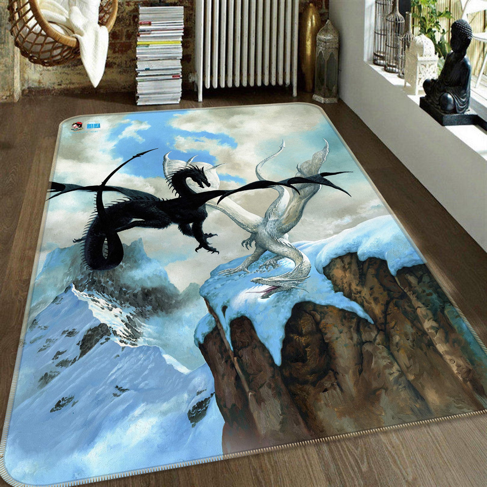 3D Black White Dragon Rock 6028 Ciruelo Rug Non Slip Rug Mat