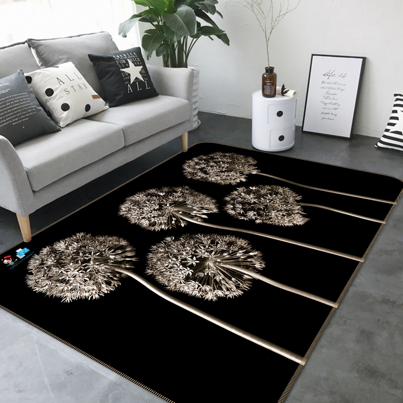 3D Gray Dandelion 6704 Assaf Frank Rug Non Slip Rug Mat