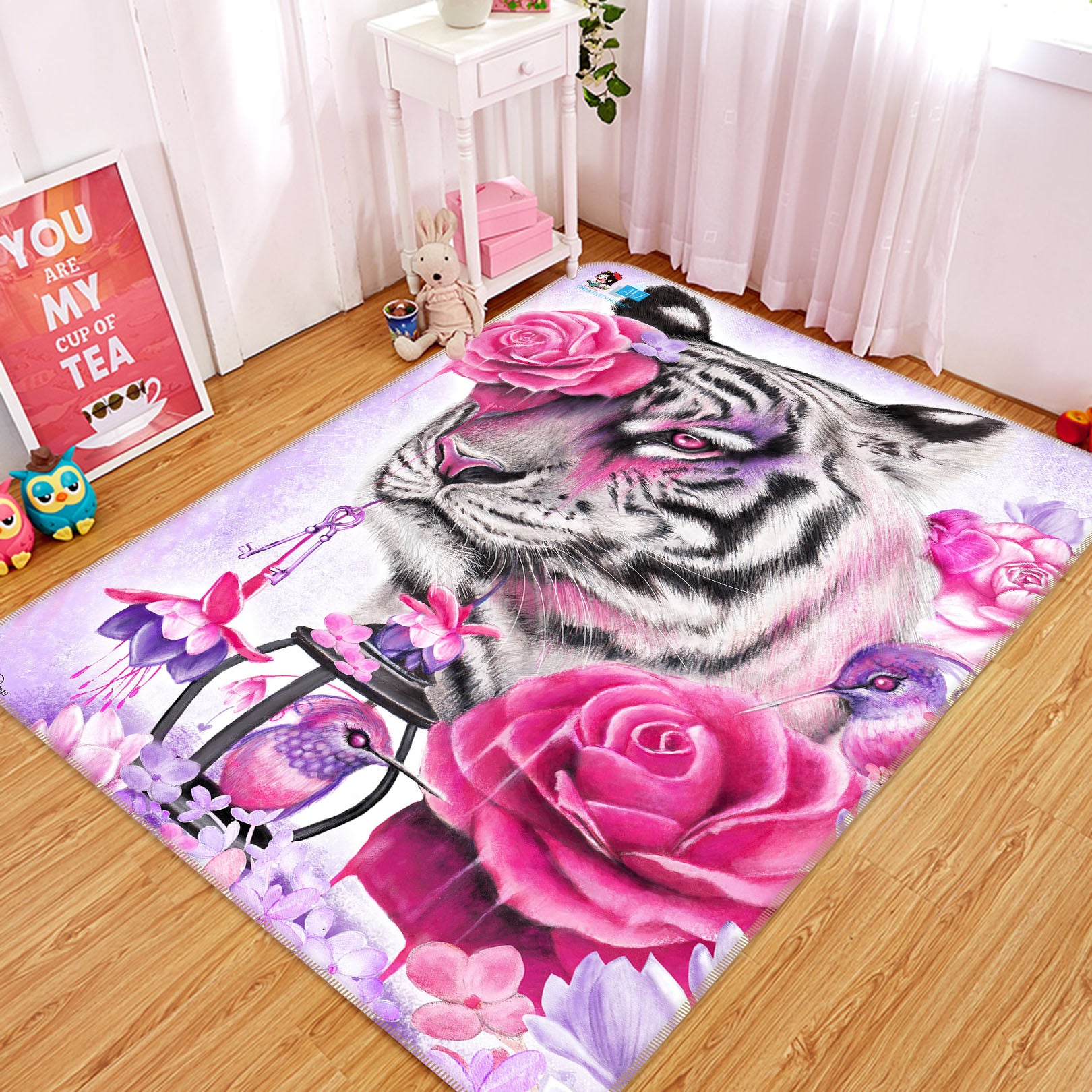 3D Pink Flower Tiger 8550 Sheena Pike Rug Non Slip Rug Mat