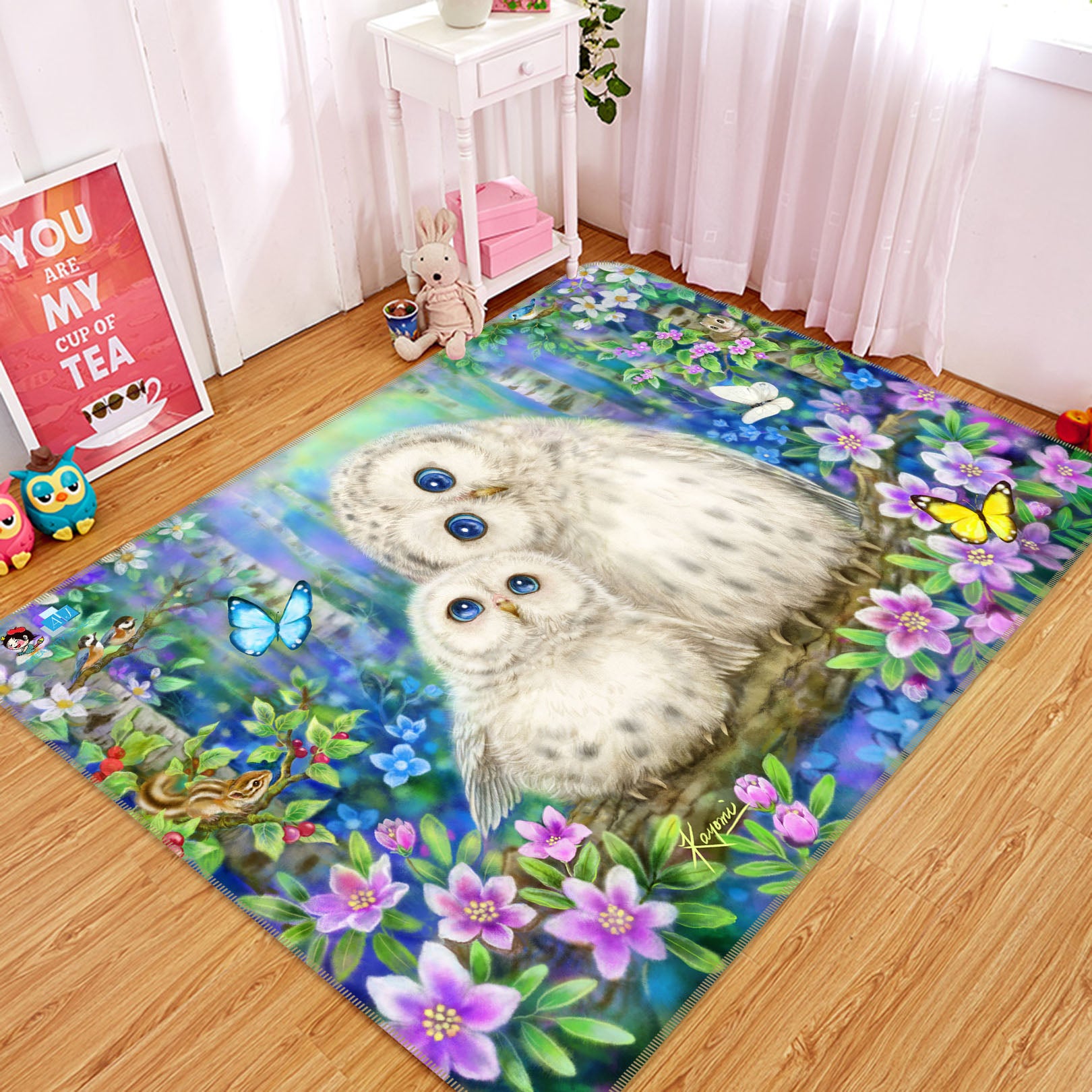 3D White Owl Butterfly 5732 Kayomi Harai Rug Non Slip Rug Mat