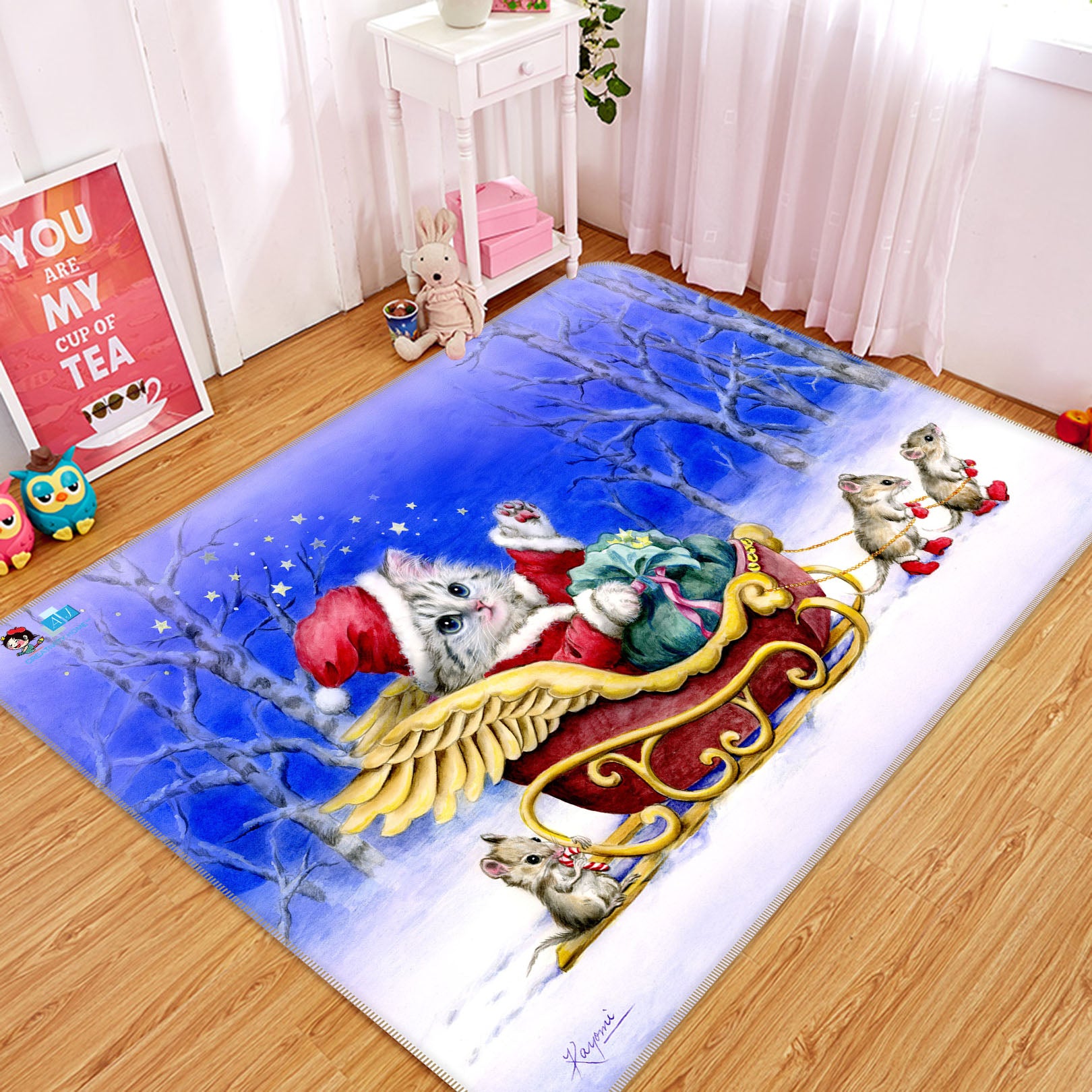 3D Christmas Cat Mouse 5743 Kayomi Harai Rug Non Slip Rug Mat