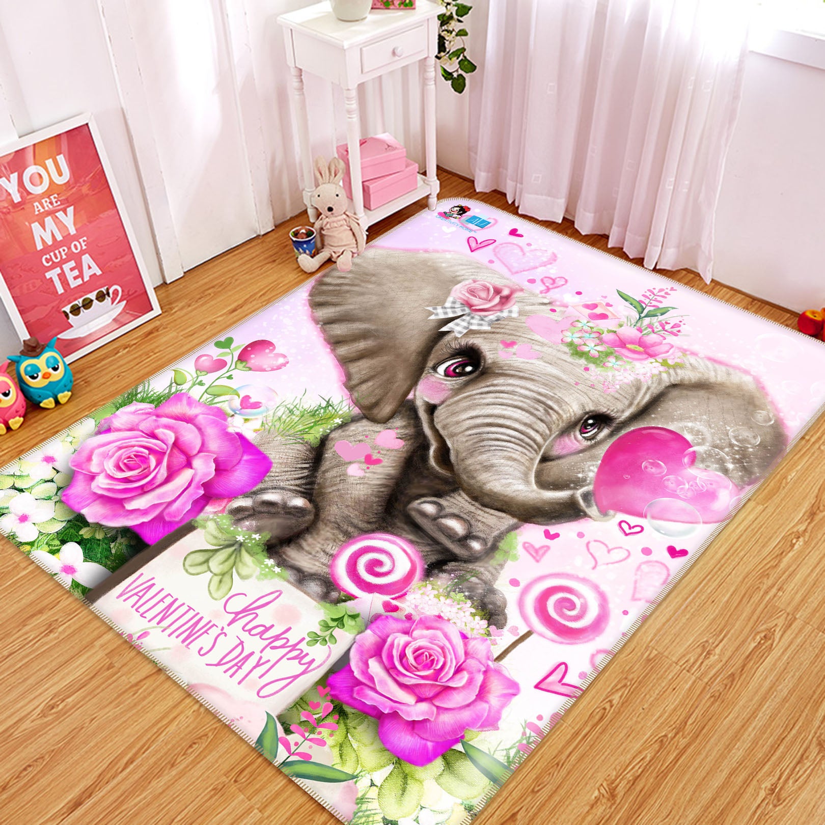 3D Elephant Pink Love 8544 Sheena Pike Rug Non Slip Rug Mat