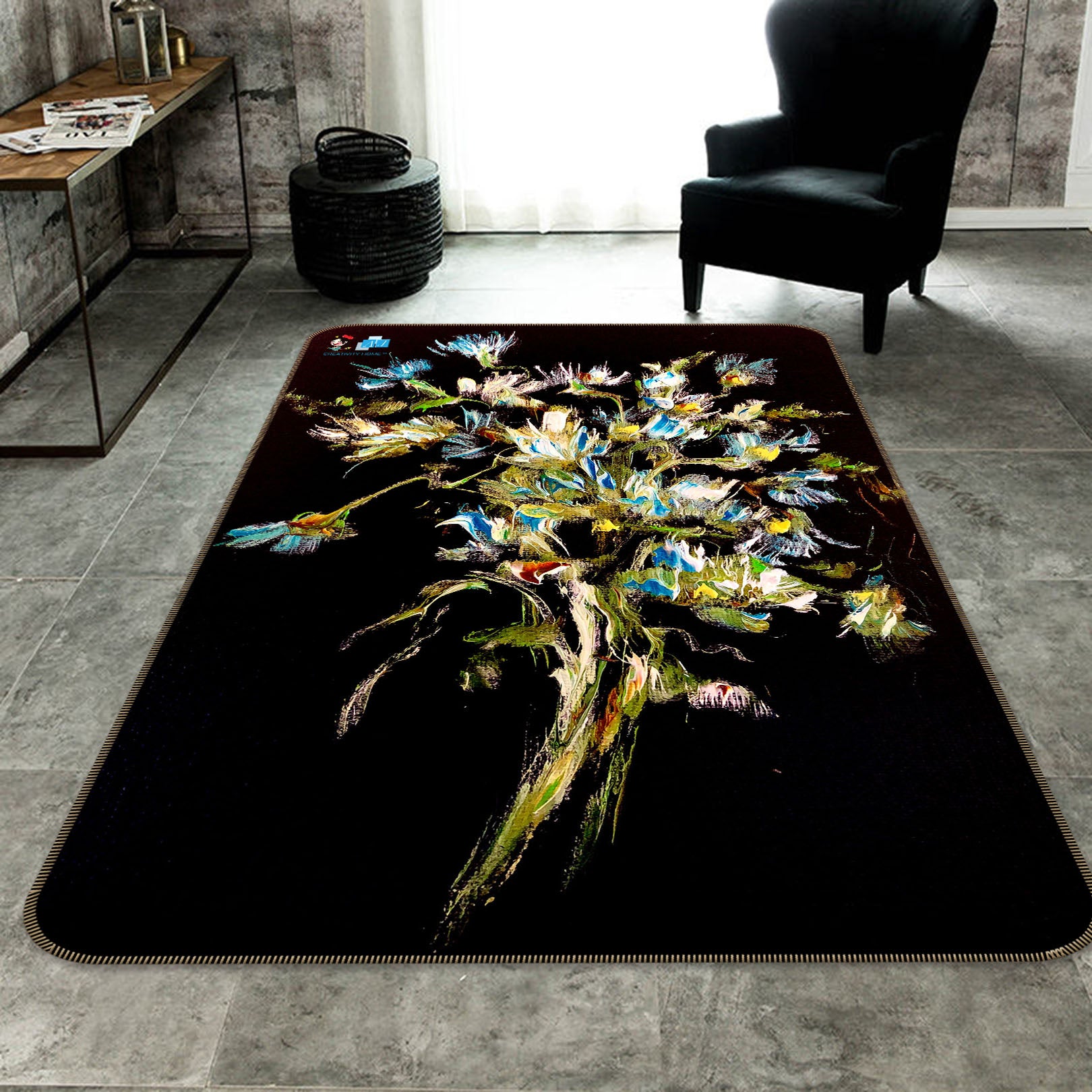 3D Blue Flower 1291 Skromova Marina Rug Non Slip Rug Mat