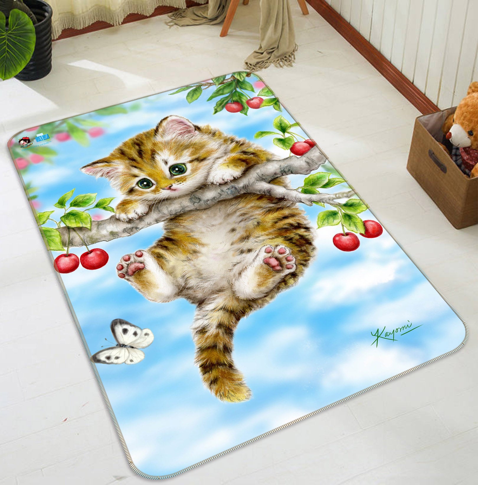 3D Cherry Cat Butterfly 5756 Kayomi Harai Rug Non Slip Rug Mat