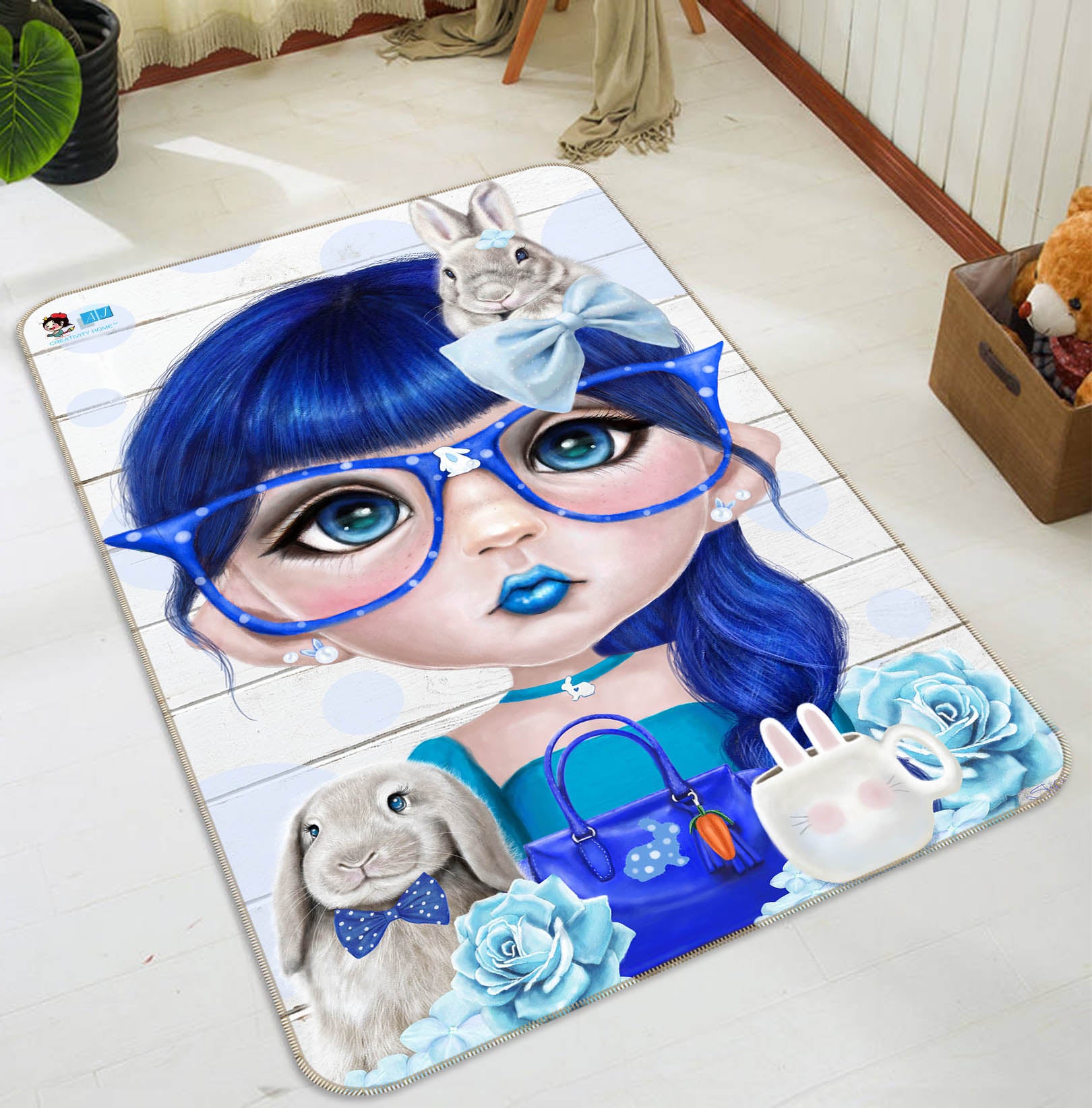 3D Blue Girl Bunny 8527 Sheena Pike Rug Non Slip Rug Mat