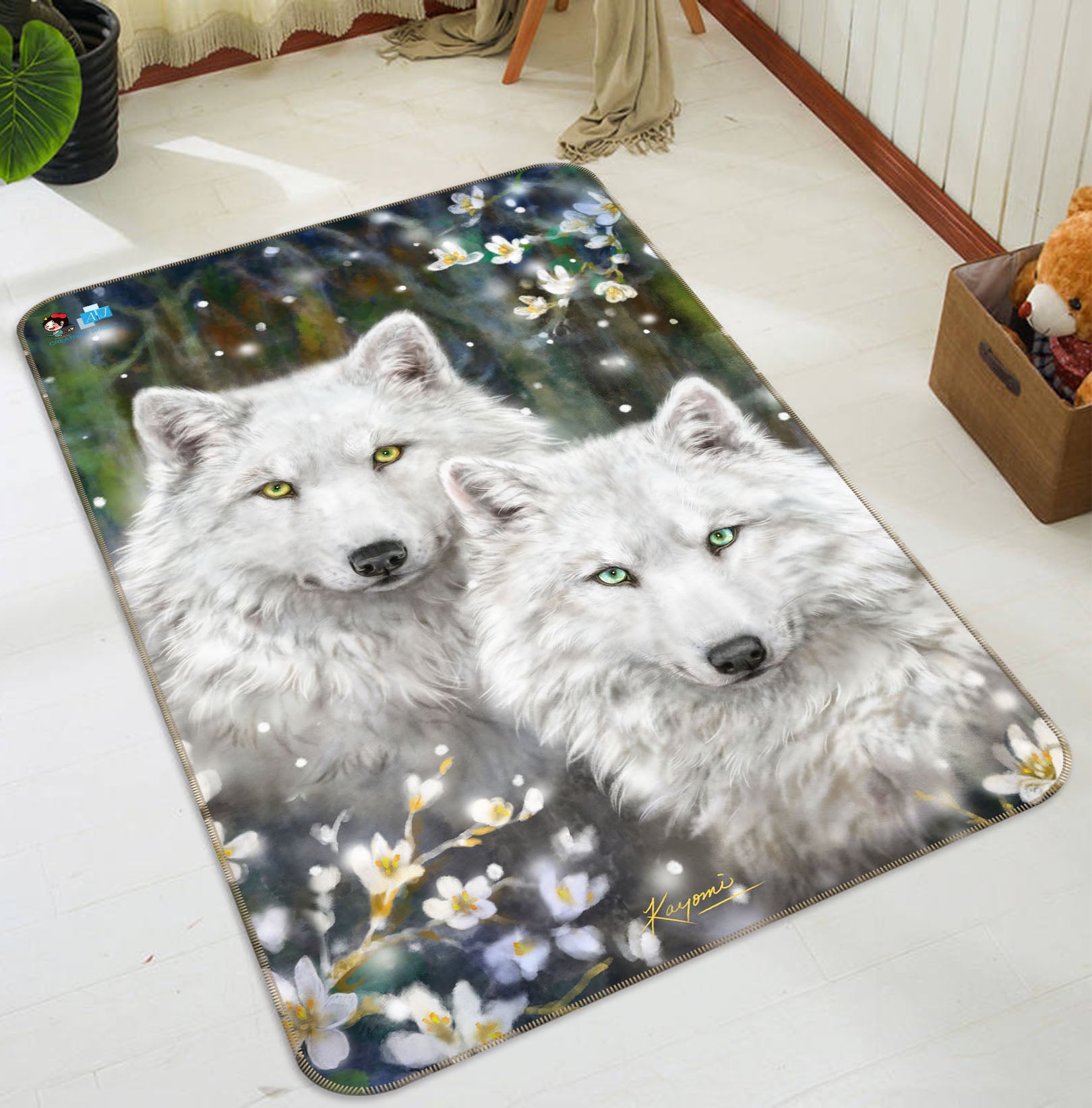 3D White Wolf Flower 5702 Kayomi Harai Rug Non Slip Rug Mat