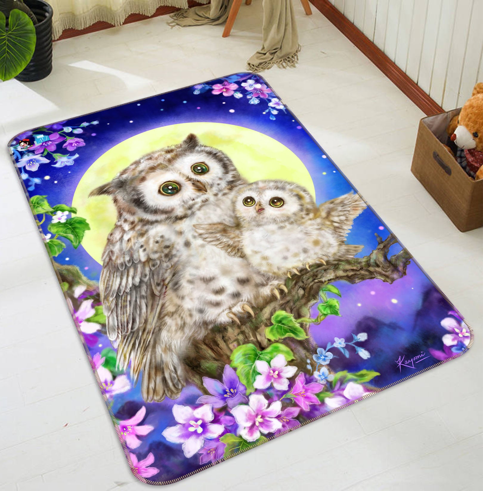 3D Moon Owl Flower 5763 Kayomi Harai Rug Non Slip Rug Mat