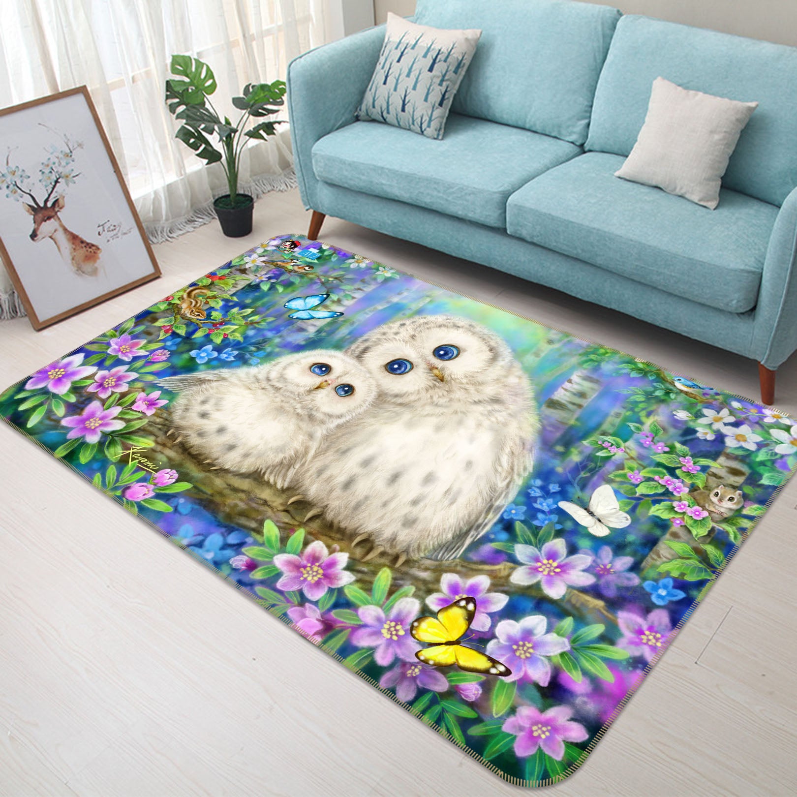 3D White Owl Butterfly 5732 Kayomi Harai Rug Non Slip Rug Mat