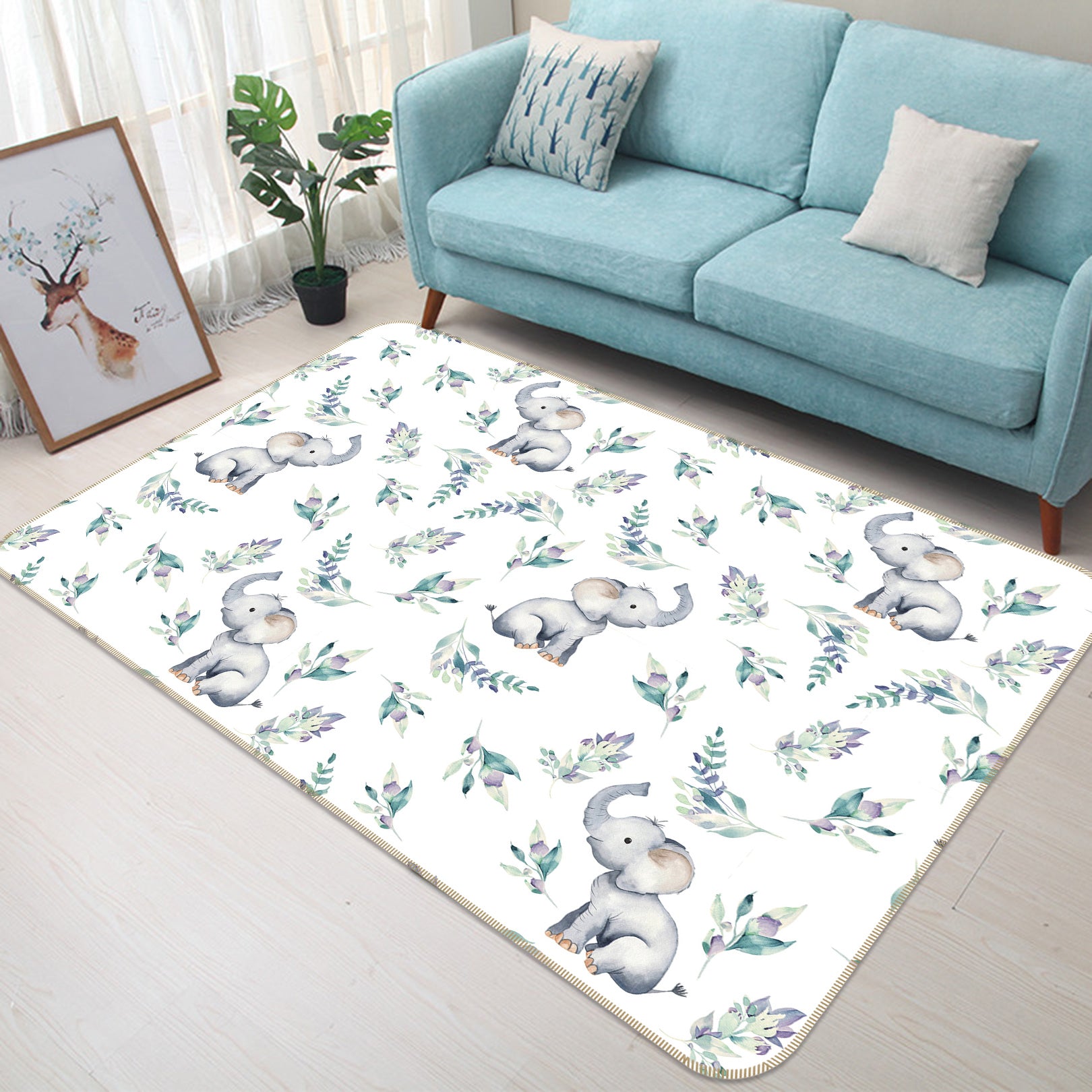 3D Elephant Flower 027 Uta Naumann Rug Non Slip Rug Mat