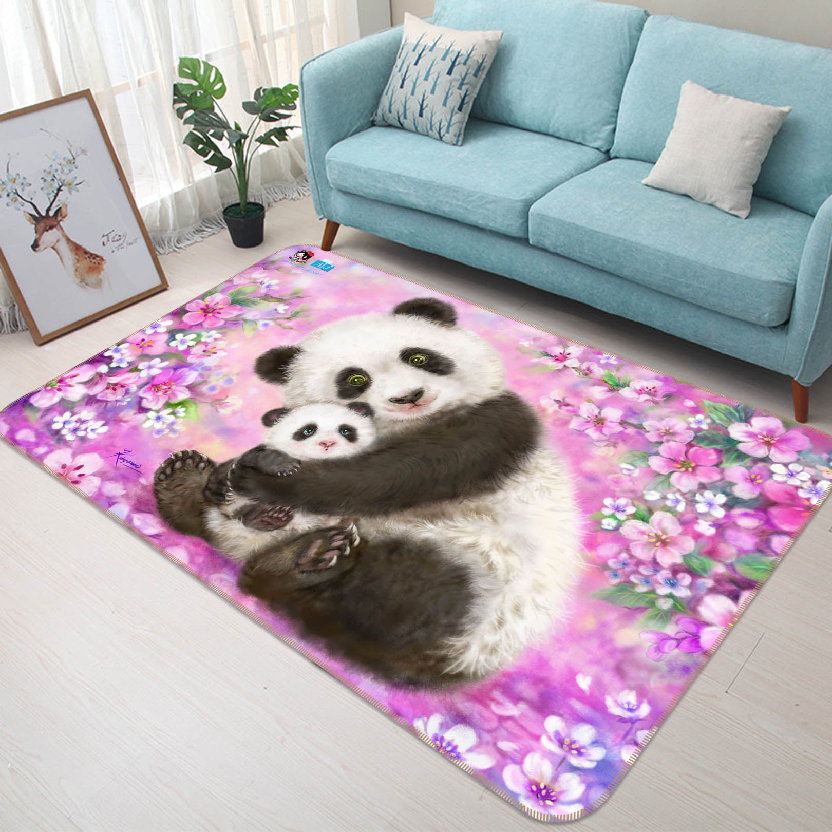 3D Pink Flower Panda 5624 Kayomi Harai Rug Non Slip Rug Mat