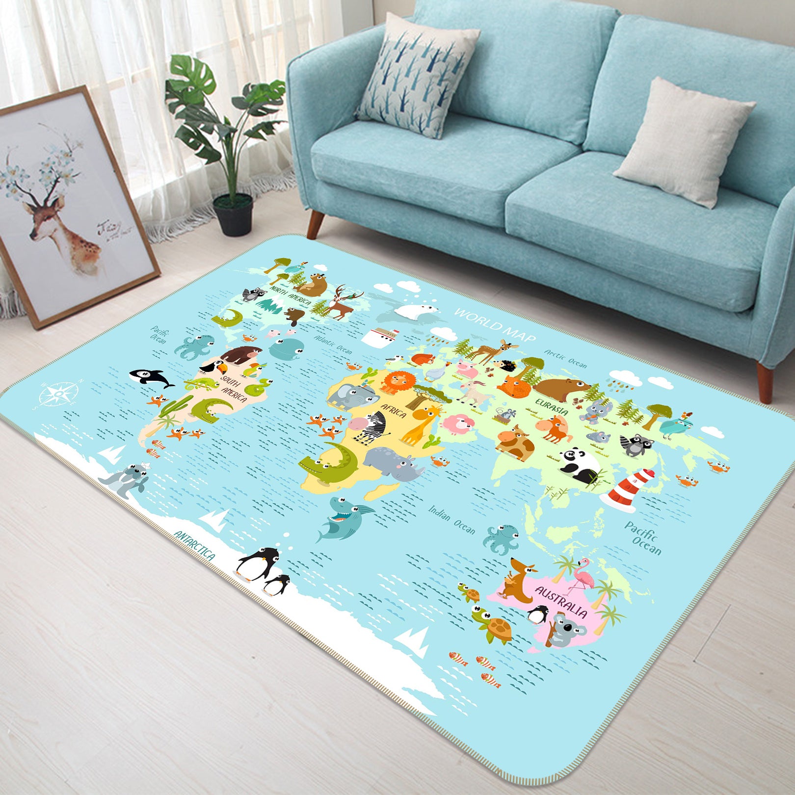 3D Animal Park 305 World Map Non Slip Rug Mat