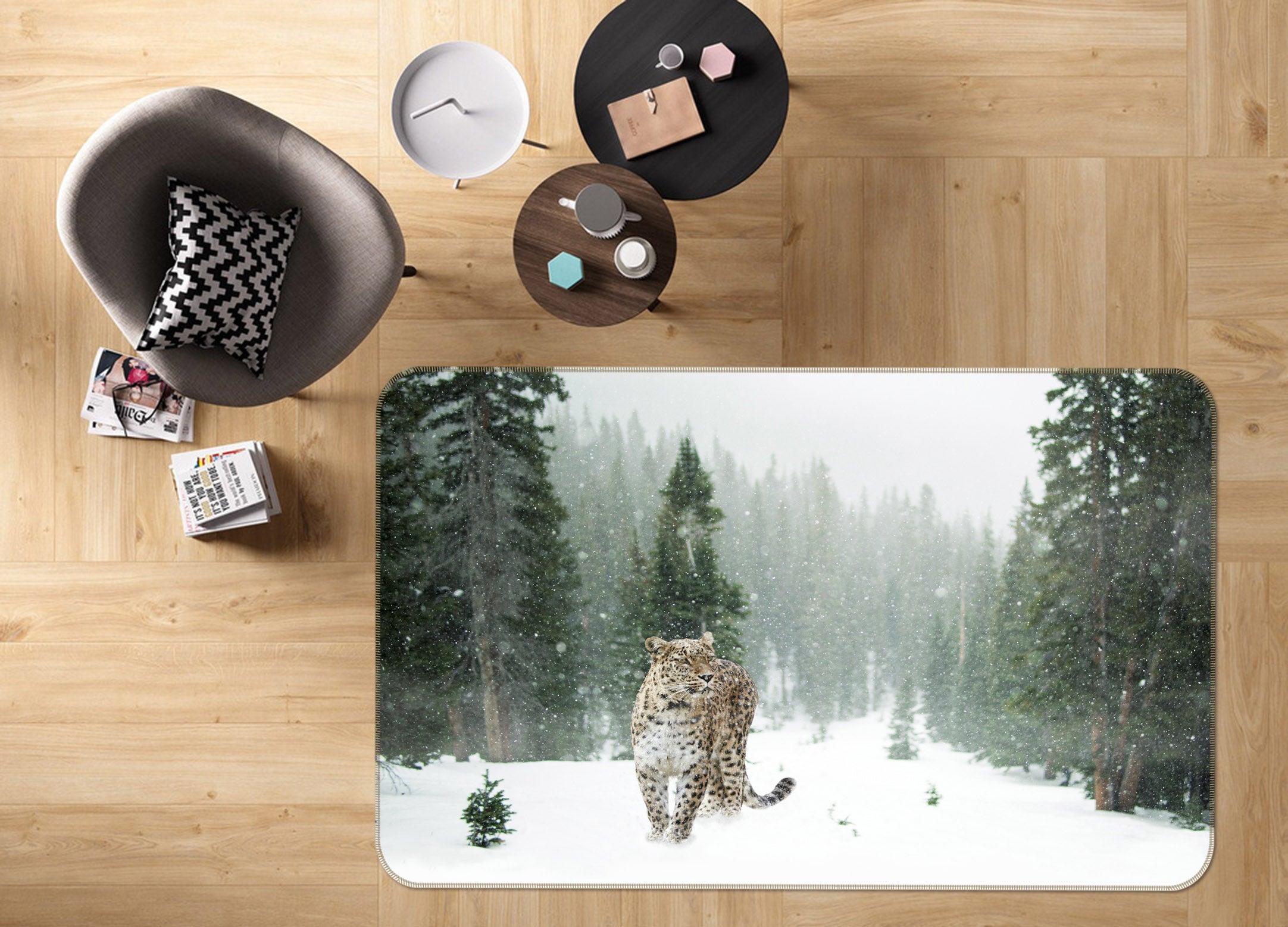 3D Snowfield Tree Leopard 69005 Animal Non Slip Rug Mat