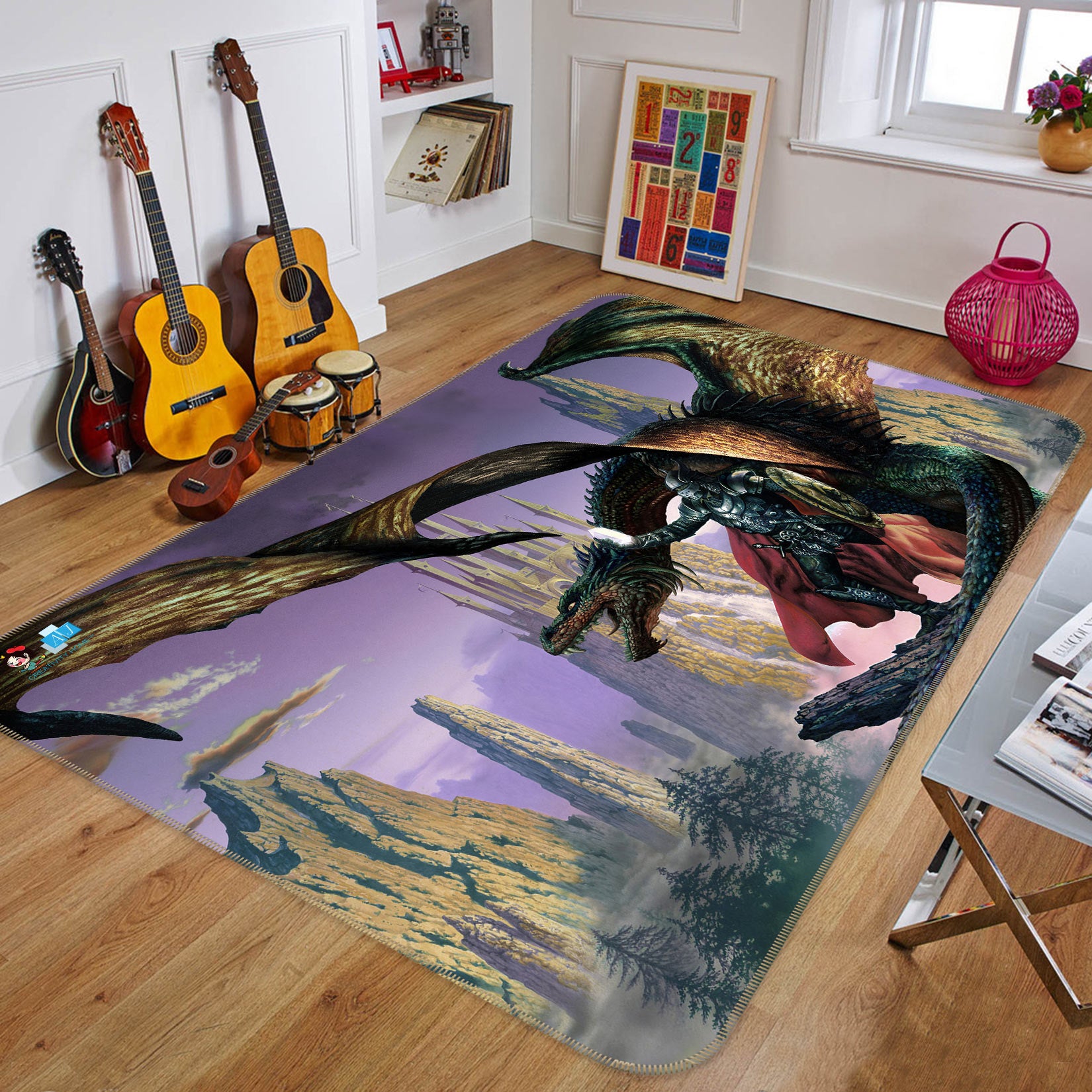 3D Flying Winged Dragon 5145 Ciruelo Rug Non Slip Rug Mat