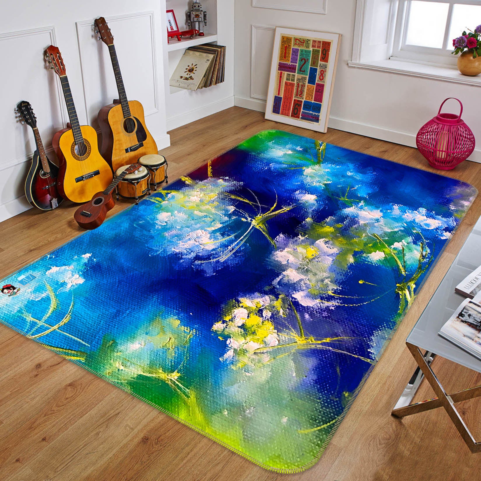 3D Blue Flower 1251 Skromova Marina Rug Non Slip Rug Mat