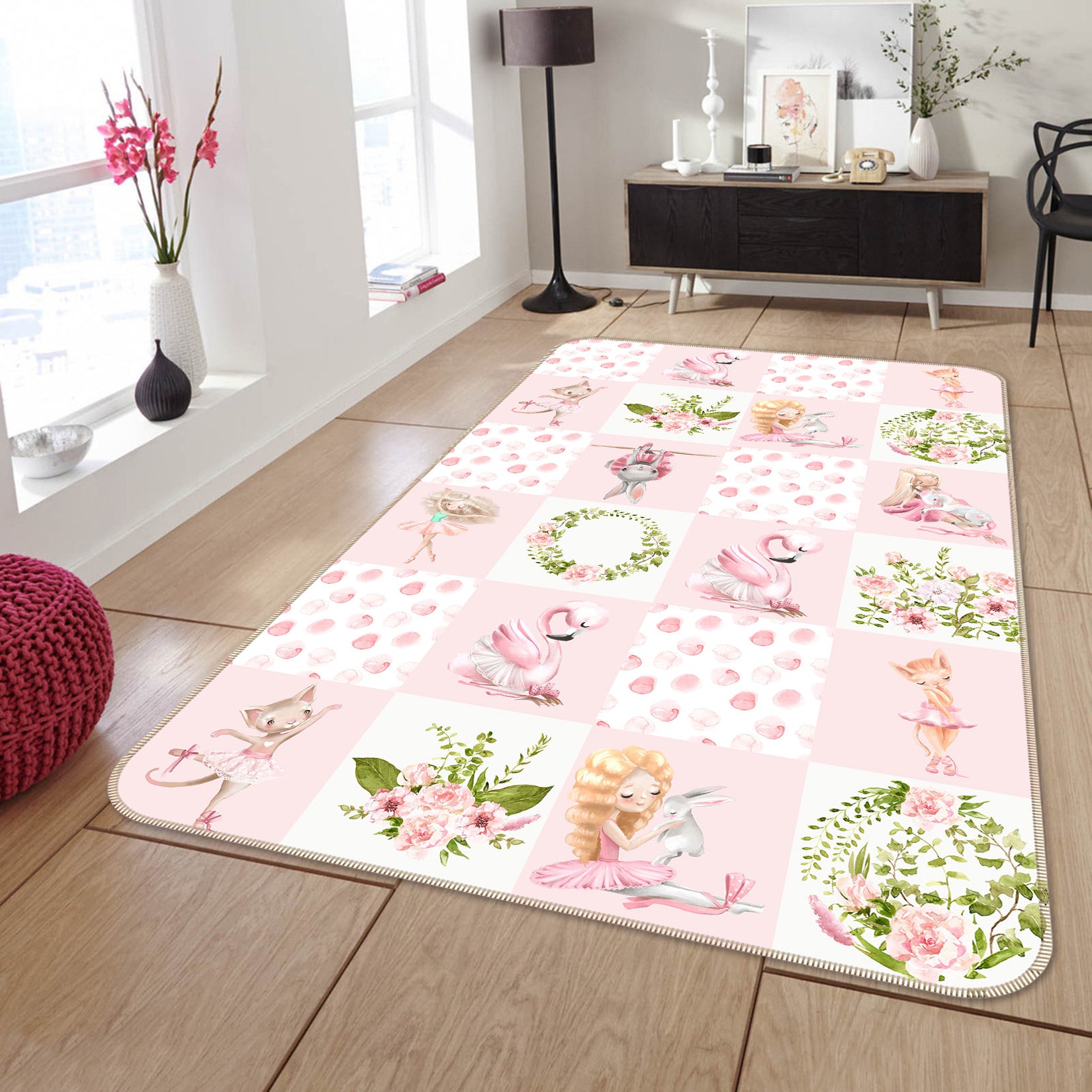 3D Flamingo Rabbit 126 Uta Naumann Rug Non Slip Rug Mat