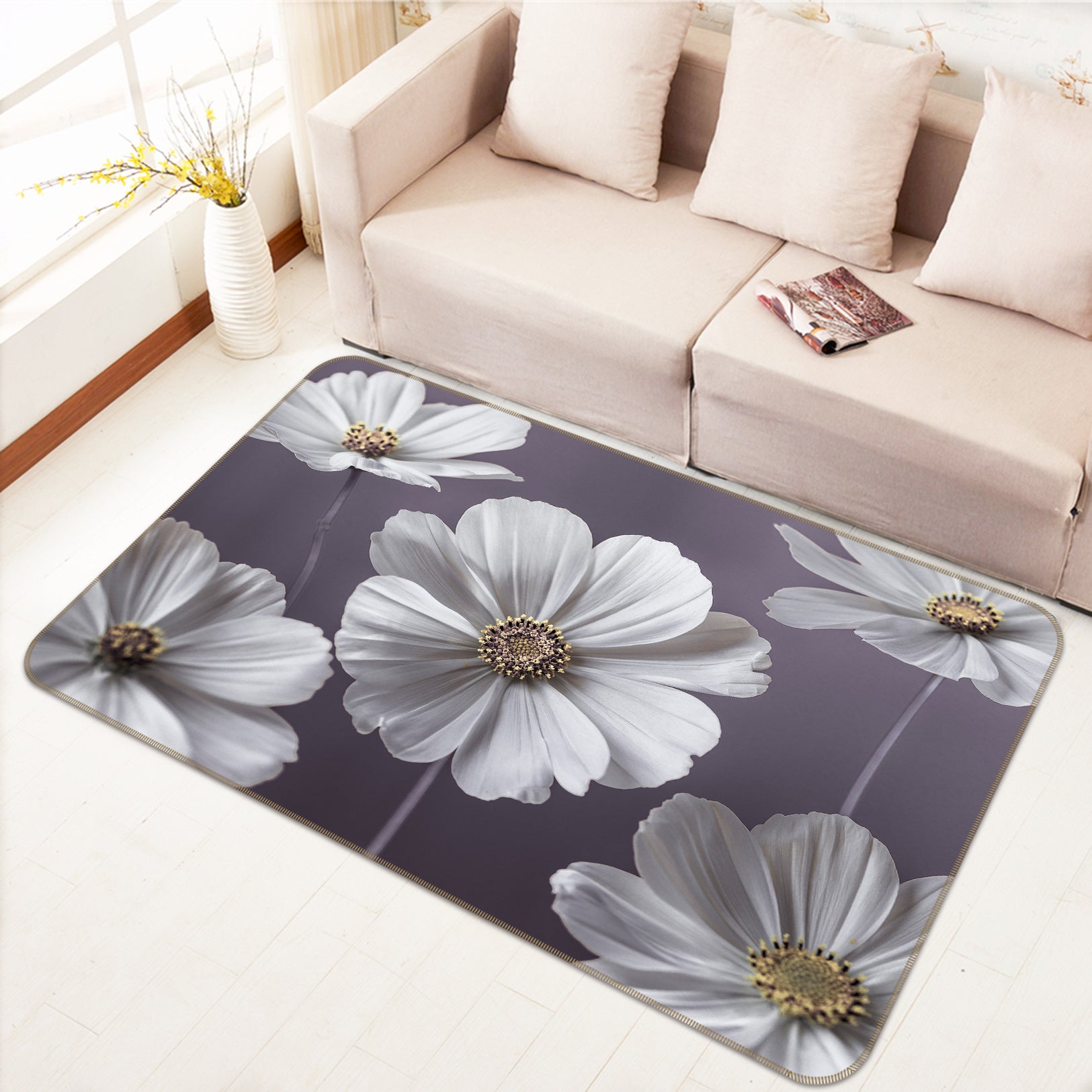 3D White Flowers 83203 Assaf Frank Rug Non Slip Rug Mat