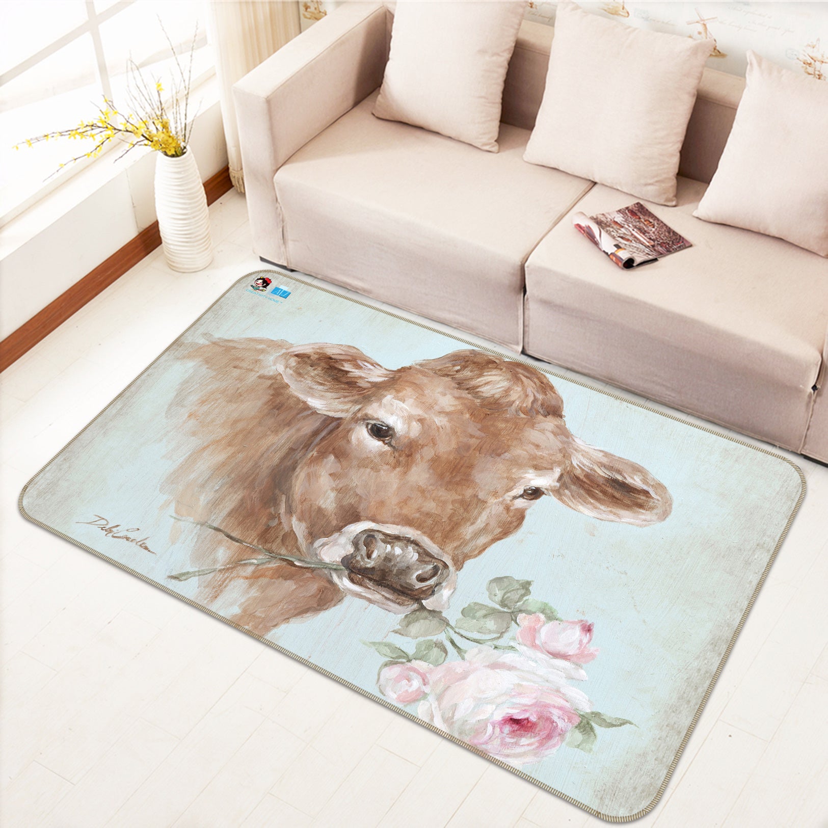 3D Cow And Flower 0200 Debi Coules Rug Non Slip Rug Mat