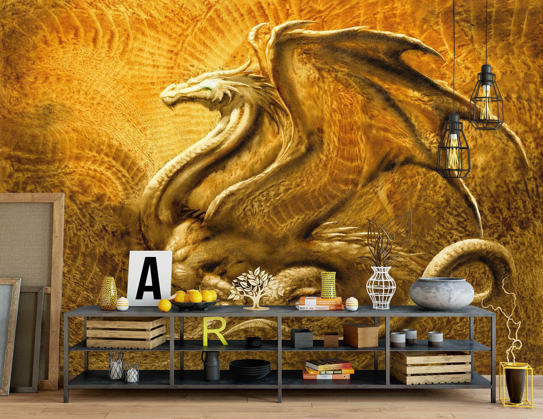 3D Golden Dragon 7080 Ciruelo Wall Mural Wall Murals