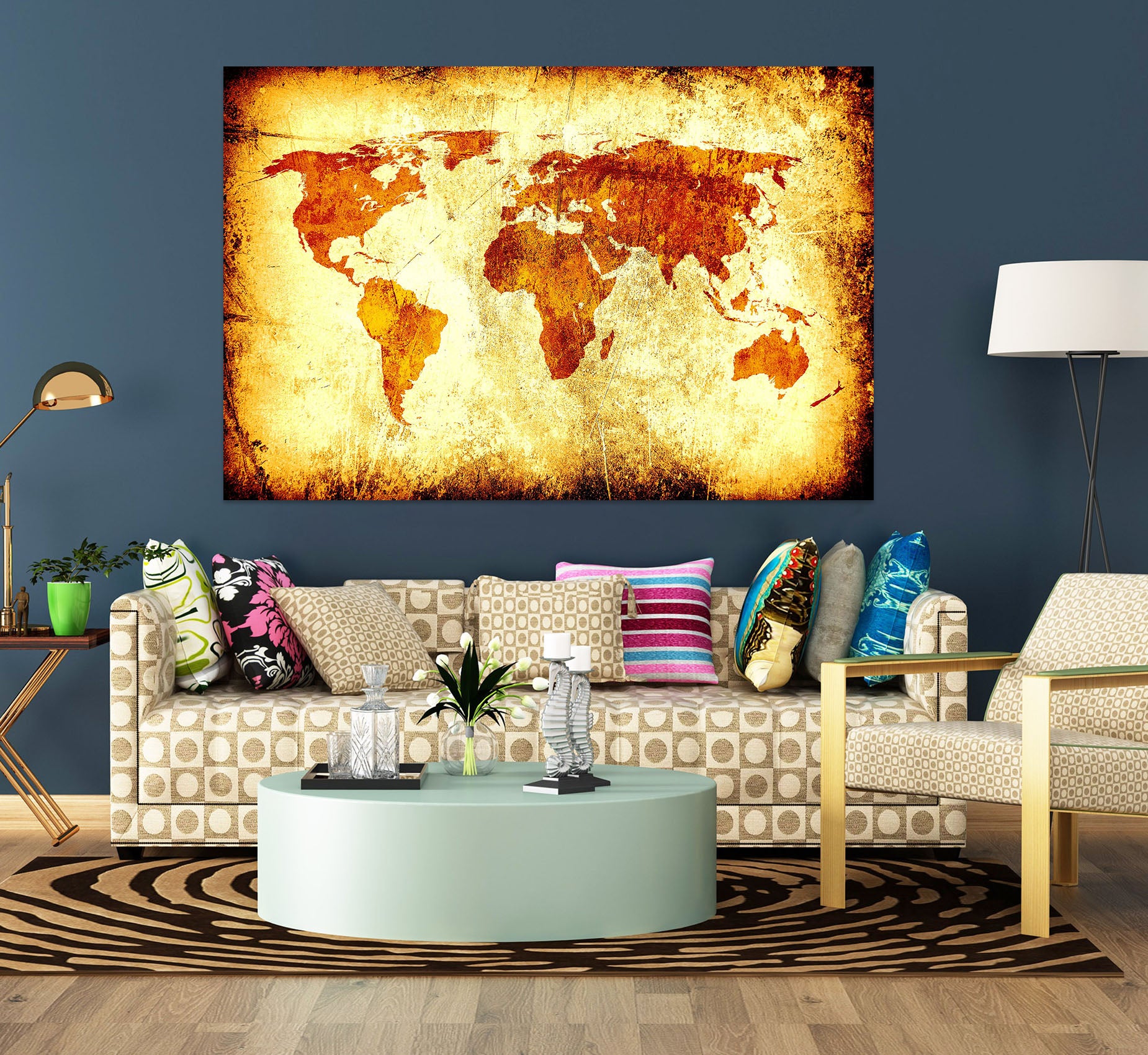 3D Gold Pattern 140 World Map Wall Sticker