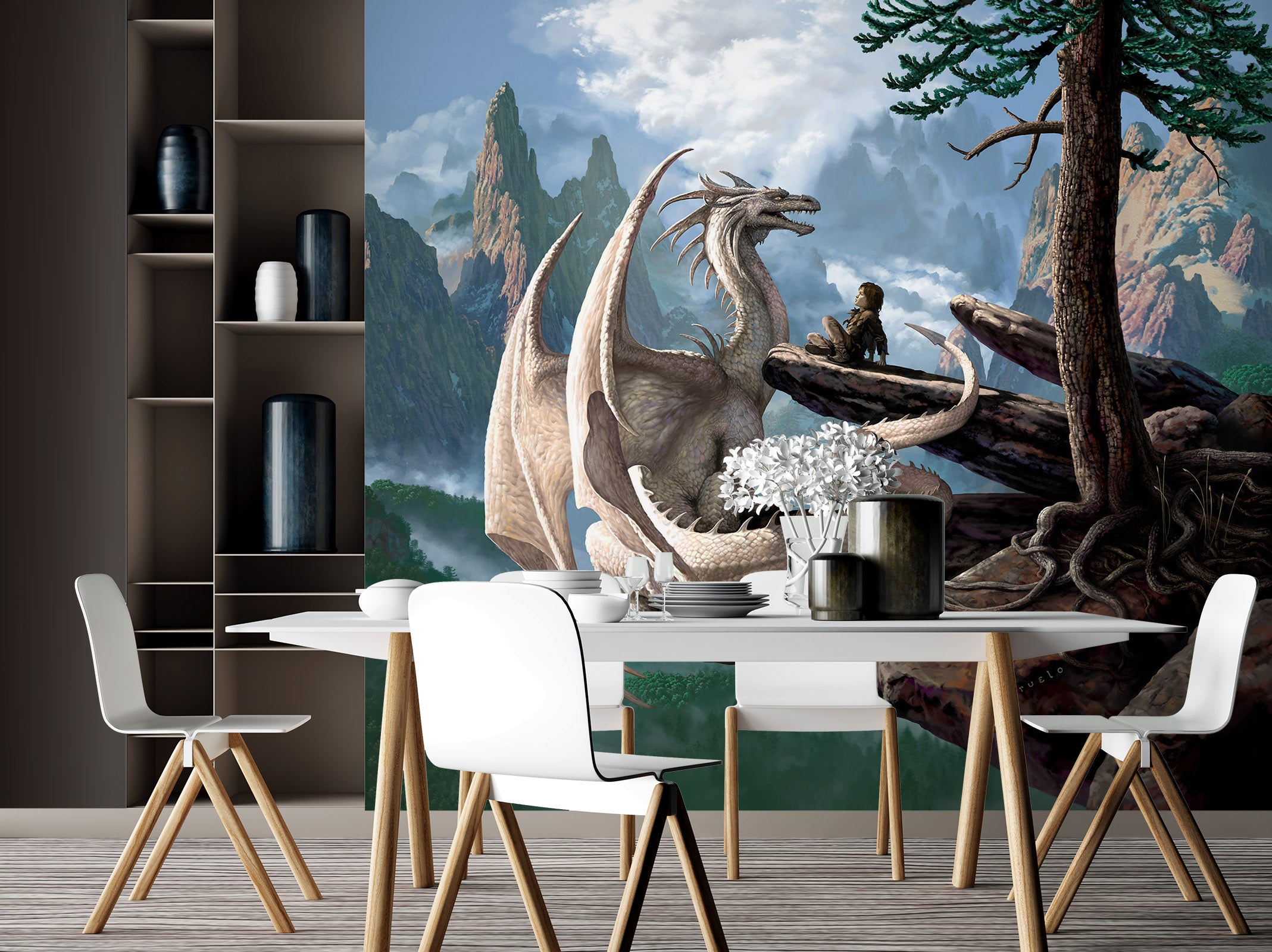 3D Mountain Dragon And Man 7057 Ciruelo Wall Mural Wall Murals