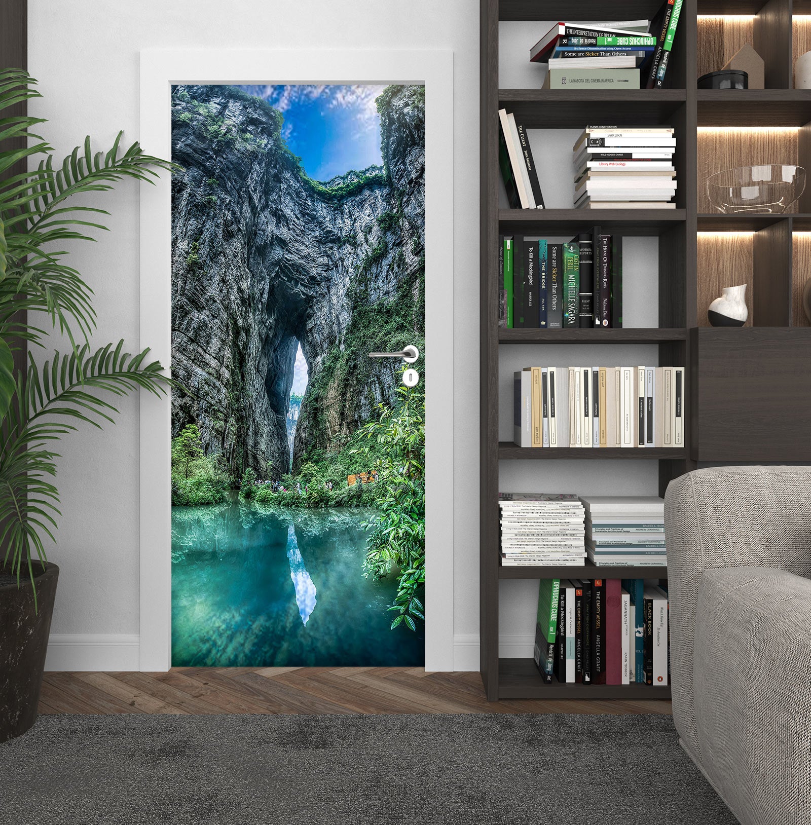 3D Stone Cave Lake 25007 Door Mural