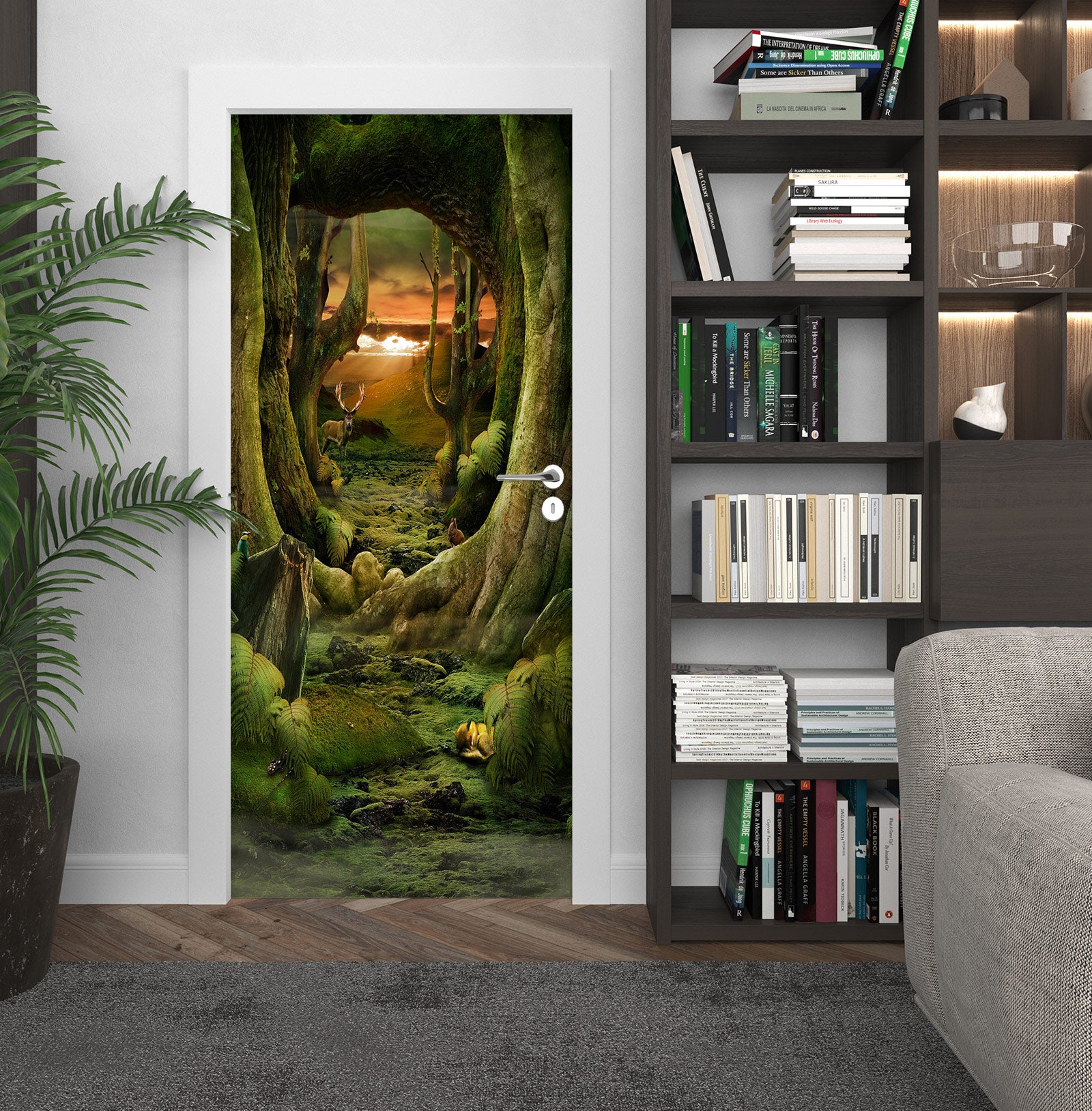 3D Sunset Tree Hole 074 Door Mural