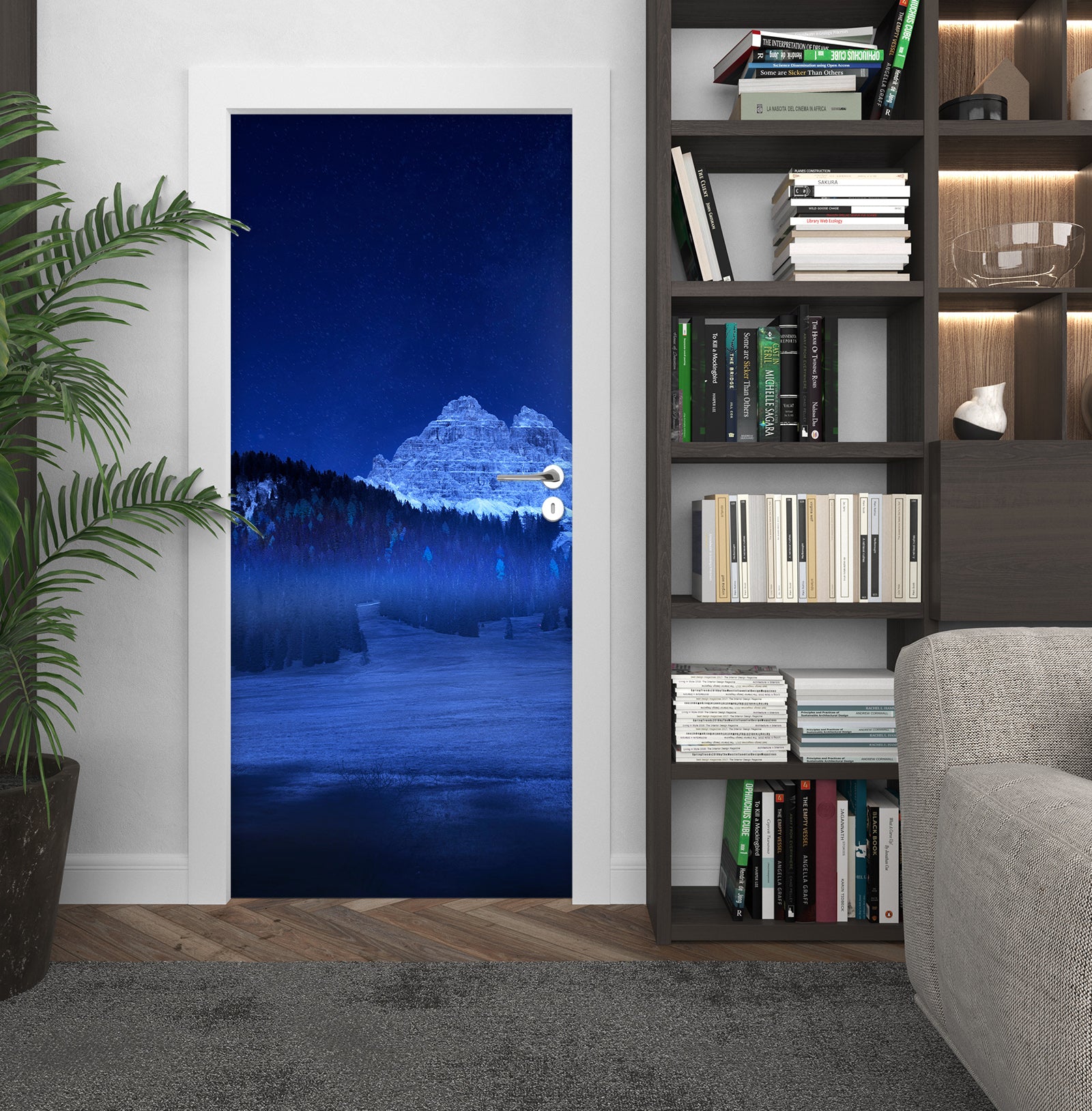 3D Snow Mountain Forest Night 122128 Marco Carmassi Door Mural