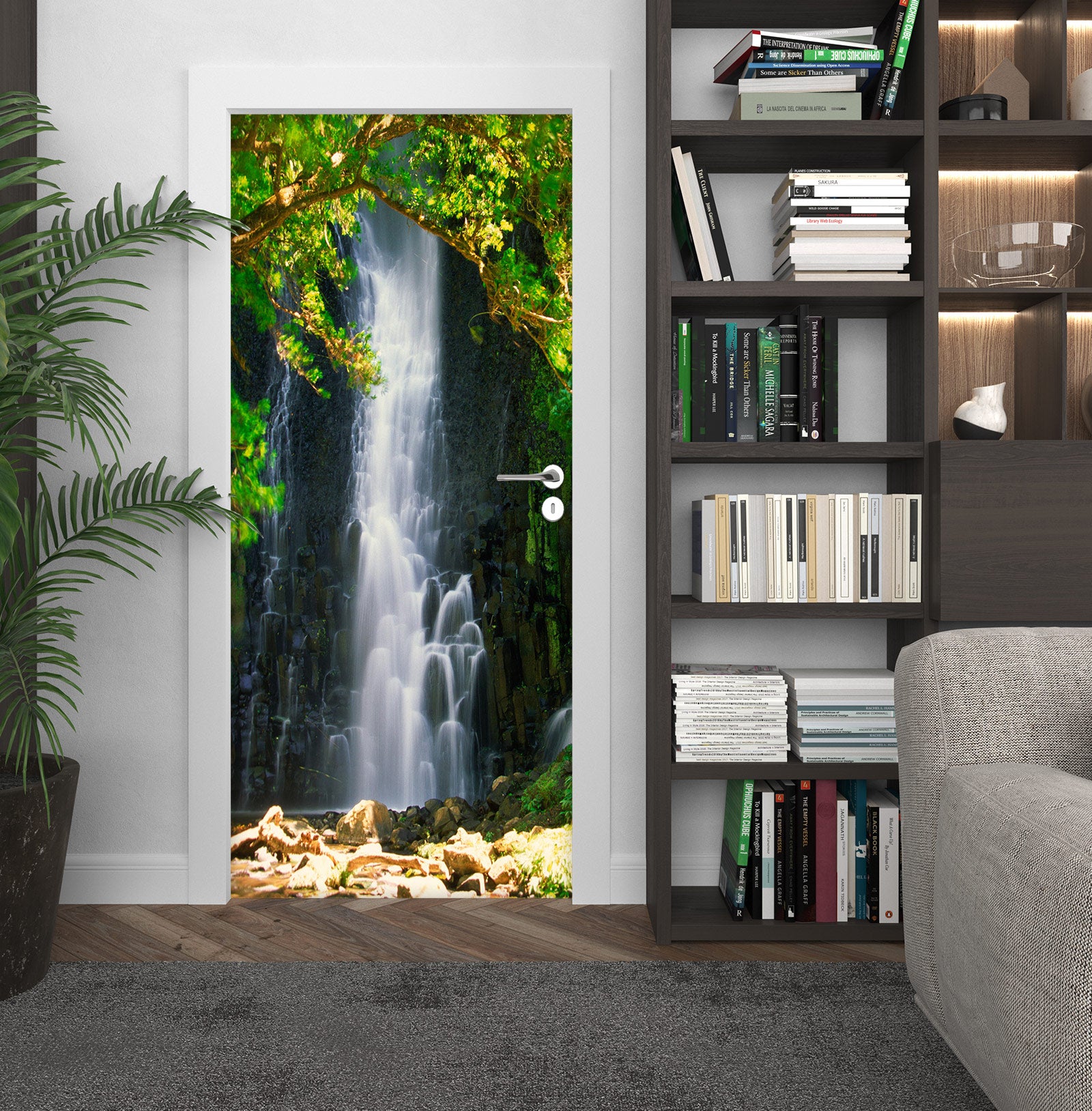 3D Cliff Waterfall Tree 049 Door Mural