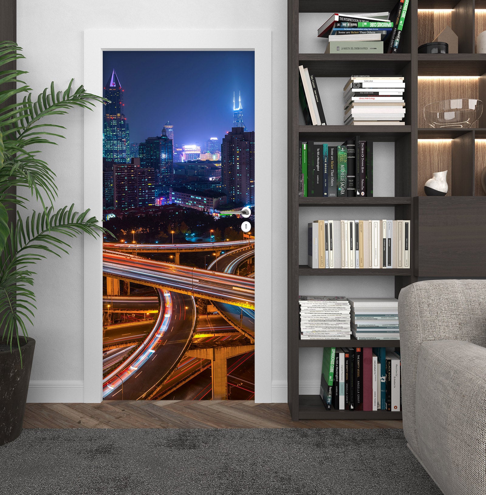 3D City High-Rise Night Highway 119108 Marco Carmassi Door Mural