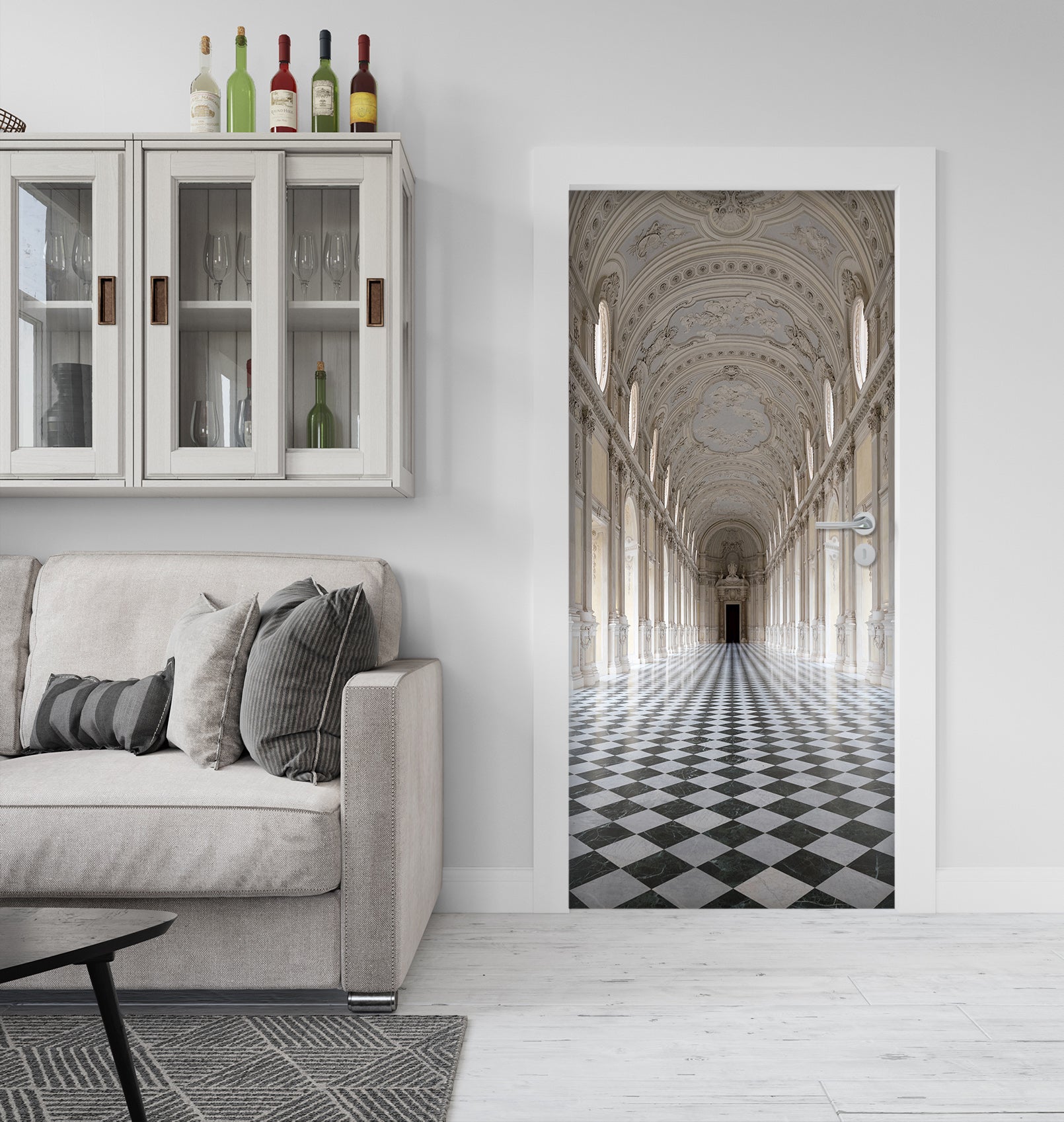 3D Black White Tile Corridor 22131 Door Mural