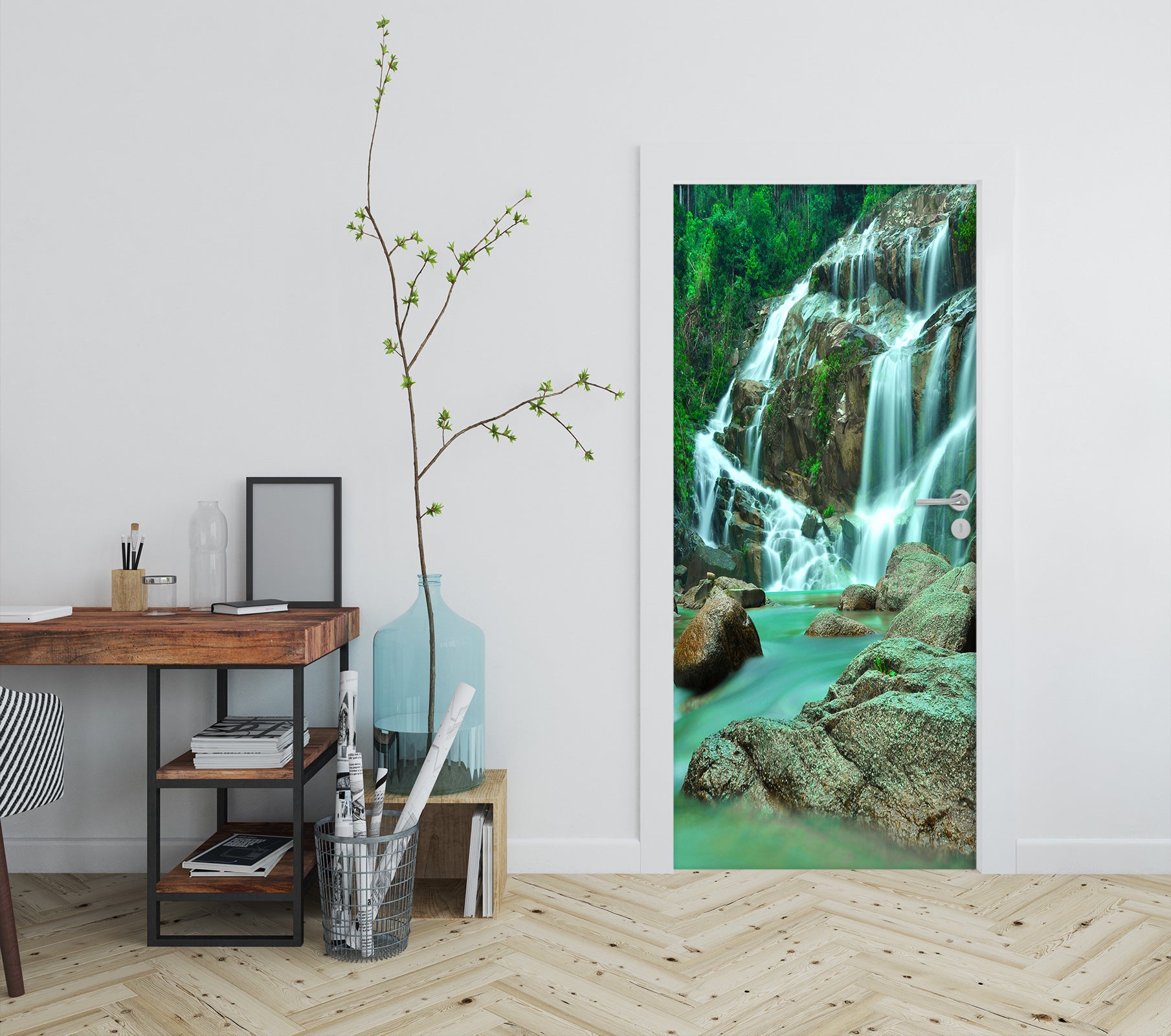 3D Green Waterfall 029 Door Mural